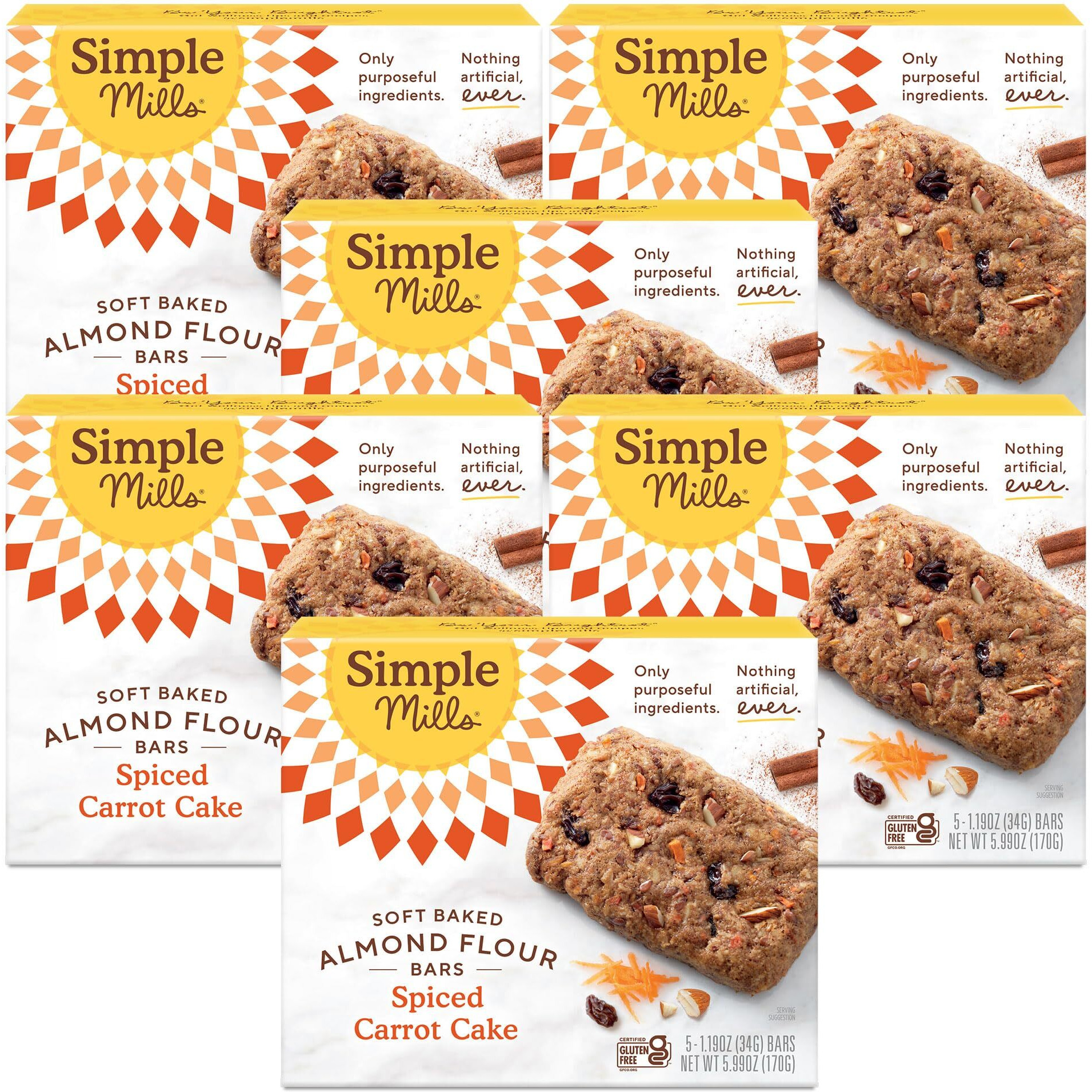 Simple Mills Almond Flour Snack Bars, Spiced Carrot Cake - Gluten Free, Made With Organic Coconut Oil, Breakfast Bars, Healthy Snacks, Paleo Friendly, 6 Ounce (Pack Of 6)