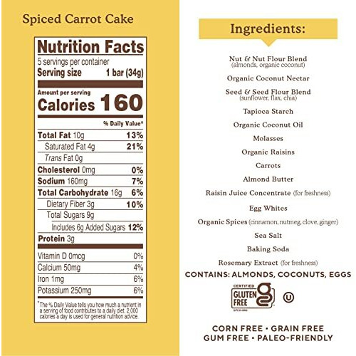 Simple Mills Almond Flour Snack Bars, Spiced Carrot Cake - Gluten Free, Made With Organic Coconut Oil, Breakfast Bars, Healthy Snacks, Paleo Friendly, 6 Ounce (Pack Of 6)