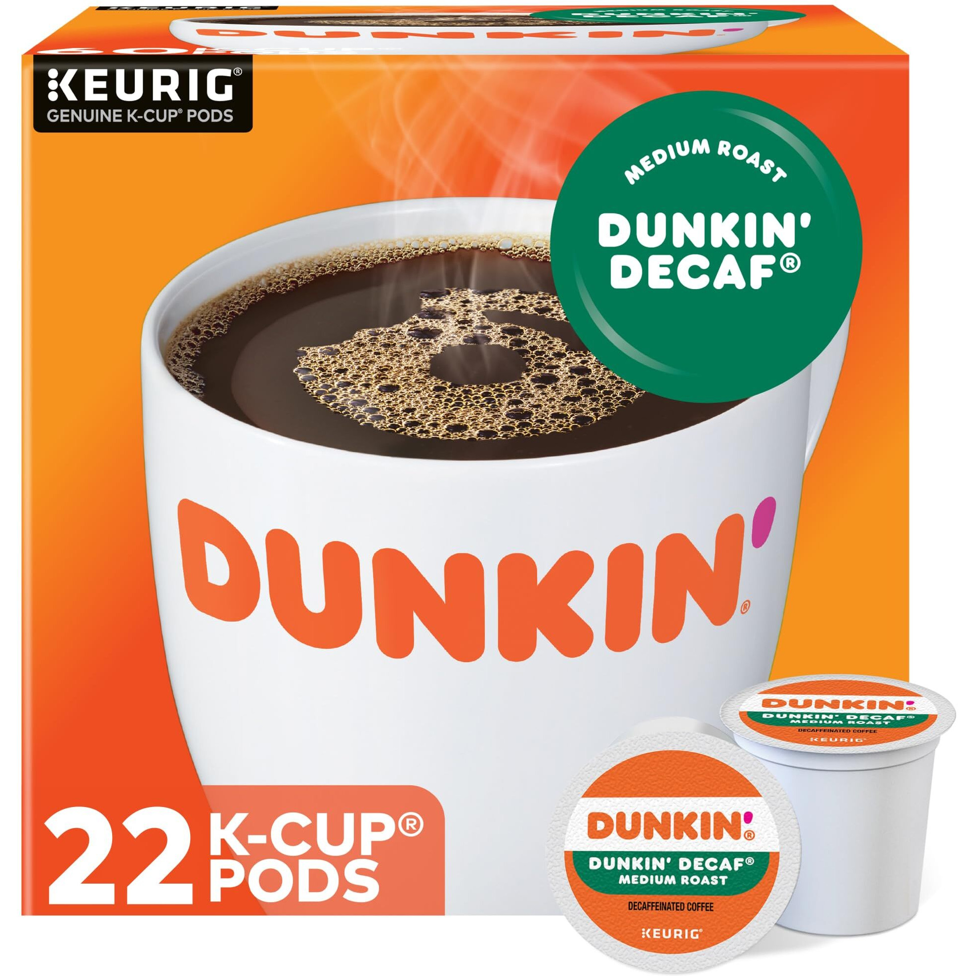 Dunkin' Decaf Medium Roast Coffee, 22 Keurig K-Cup Pods
