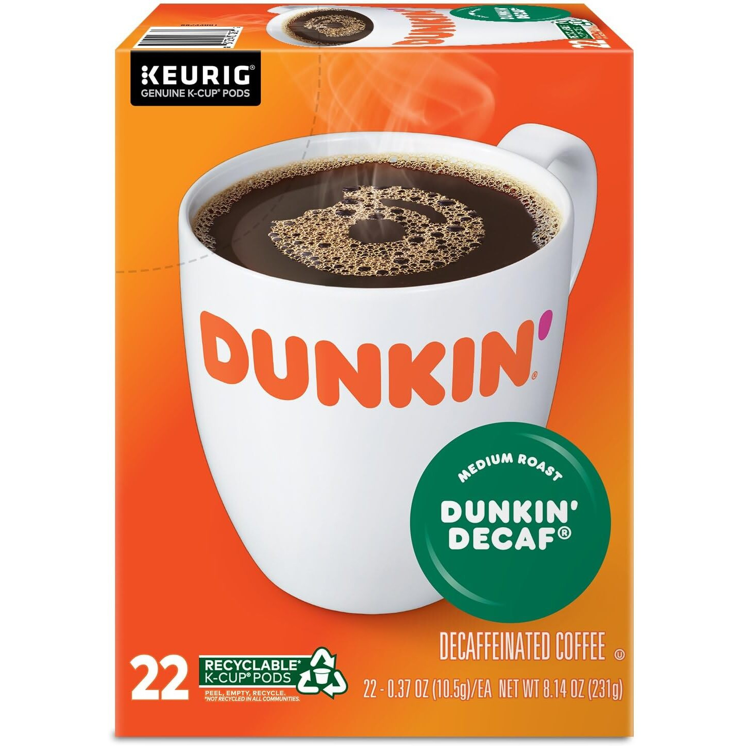 Dunkin' Decaf Medium Roast Coffee, 22 Keurig K-Cup Pods