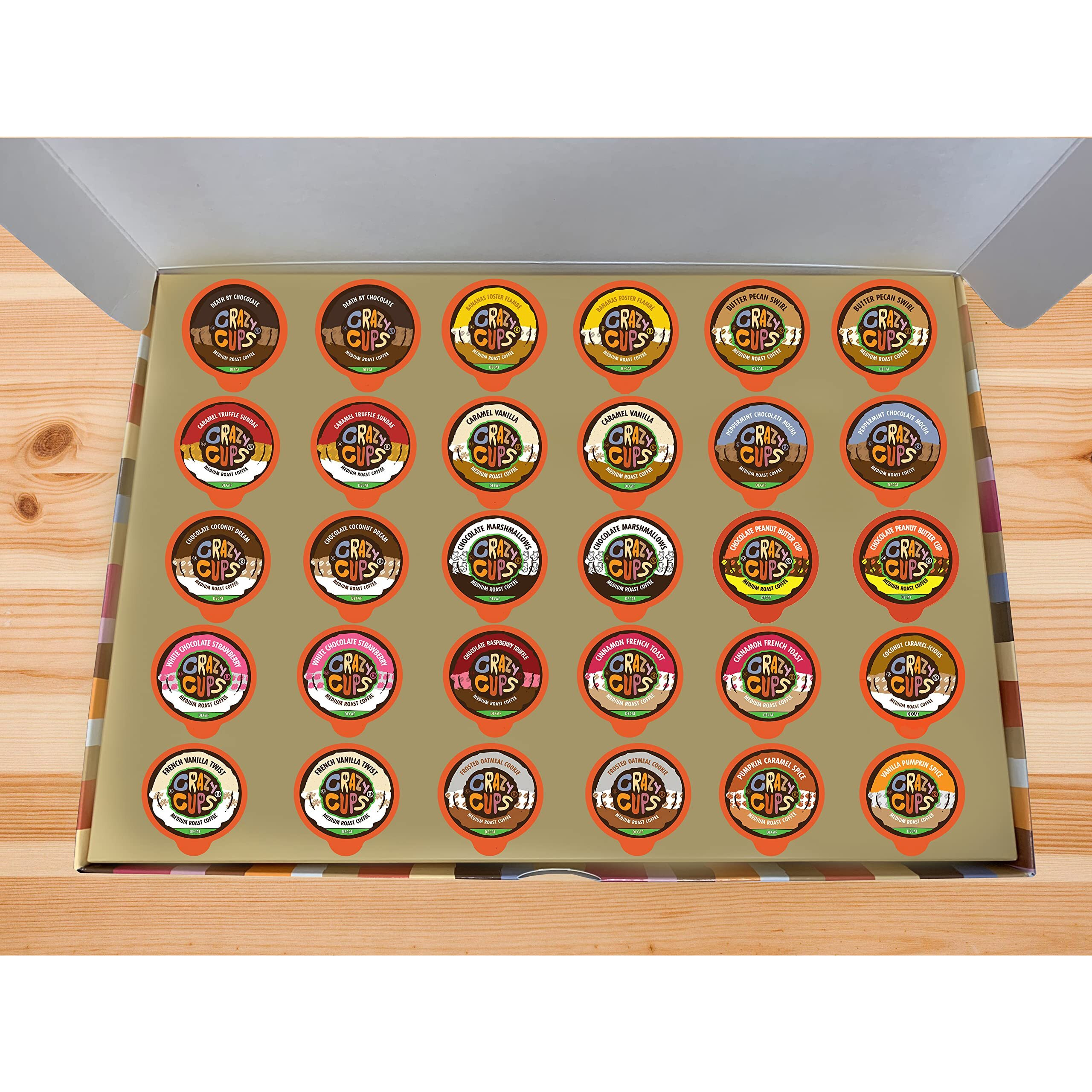 Crazy Cups Deluxe Holiday Decaf Flavored Coffee Gift Box, Assorted Flavored Decaf Coffee For Keurig K-Cups Machines, Medium Roast Coffee In Recyclable Pods, 30 Count