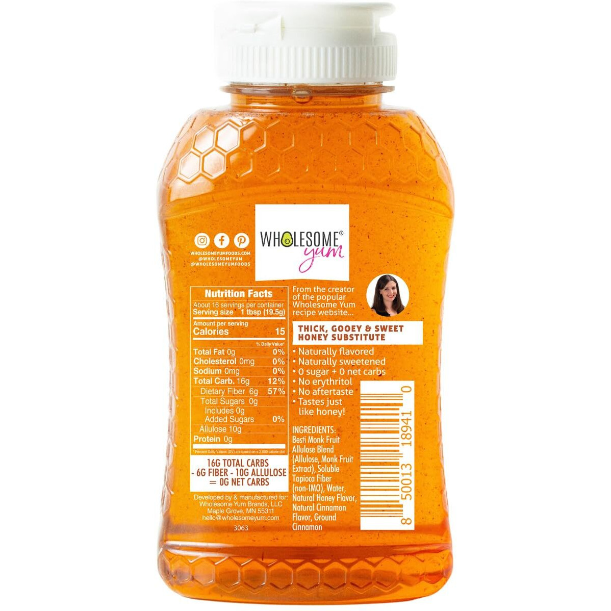 Wholesome Yum Cinnamon Zero Sugar Honey Substitute (Keto Honey) - Natural Sugar Free Honey Alternative With Monk Fruit & Allulose - 0 Net Carbs, Non-Gmo, Gluten Free, No Aftertaste (11 Oz)