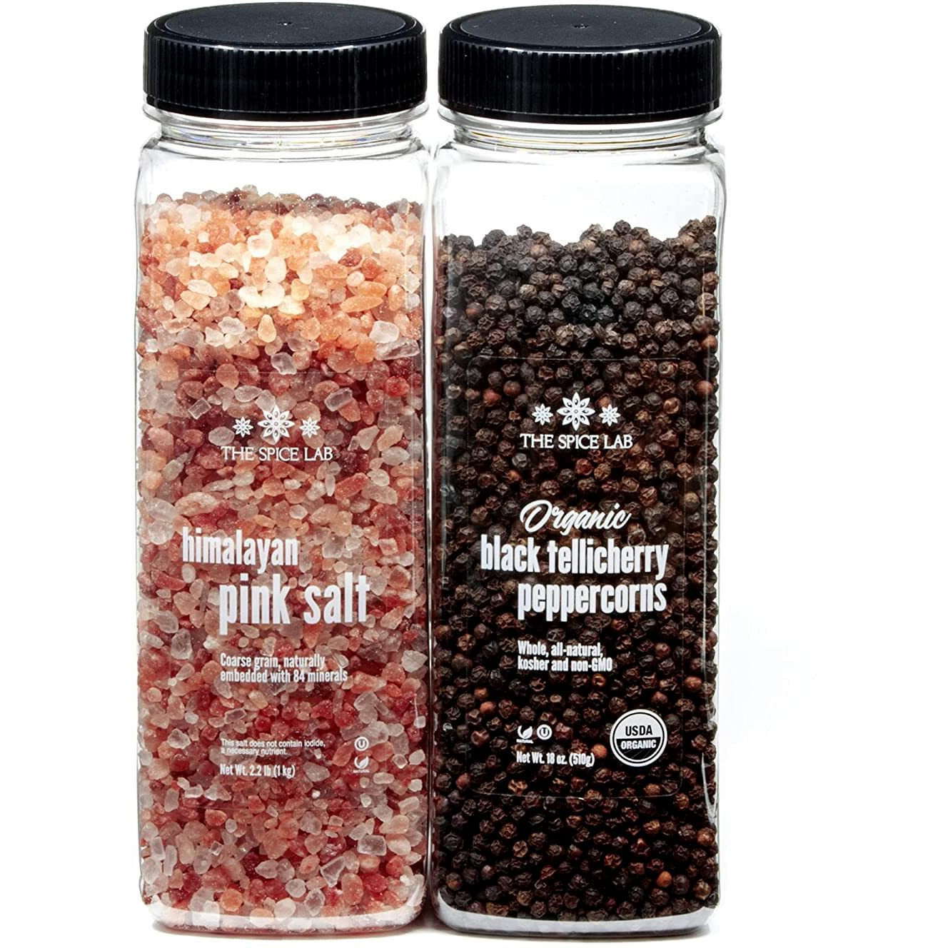The Spice Lab Pink Himalayan Salt Coarse 2.2 Pound Tub & Usda Organic Tellicherry Peppercorns 18Oz Tub - Combo Salt And Pepper Gift Pack - Peppercorns For Grinder