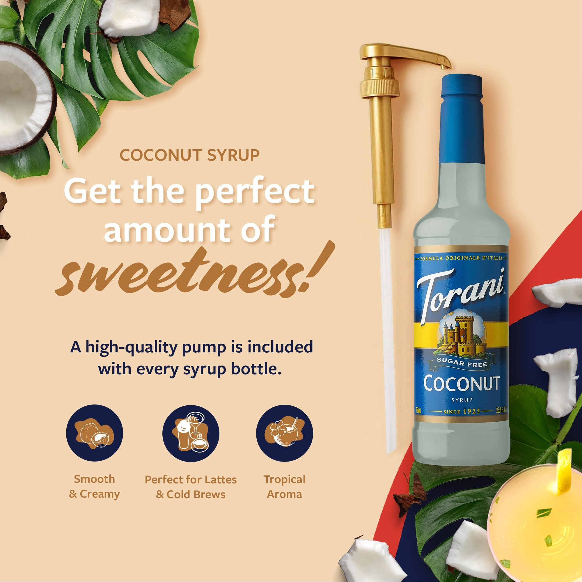 Torani Sugar Free Coffee Syrup, Coconut Flavored Syrup For Drinks, Zero Calorie, Pump Included, 25.4 Fl Oz