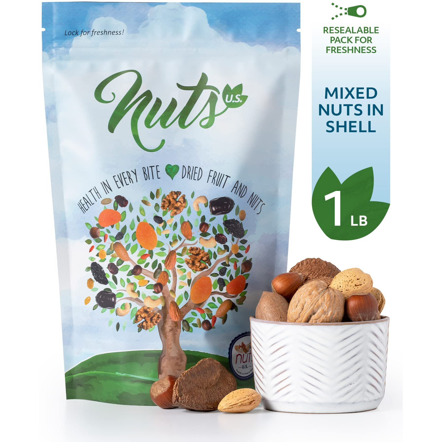 Nuts U.S. - Mixed Nuts In Shell (Almonds, Walnuts, Hazelnuts, Pecans, Brazil Nuts) | No Added Colors And No Artificial Flavors | Fresh Buttery Taste And Raw |Packed In Resealable Bags (1 Lb)