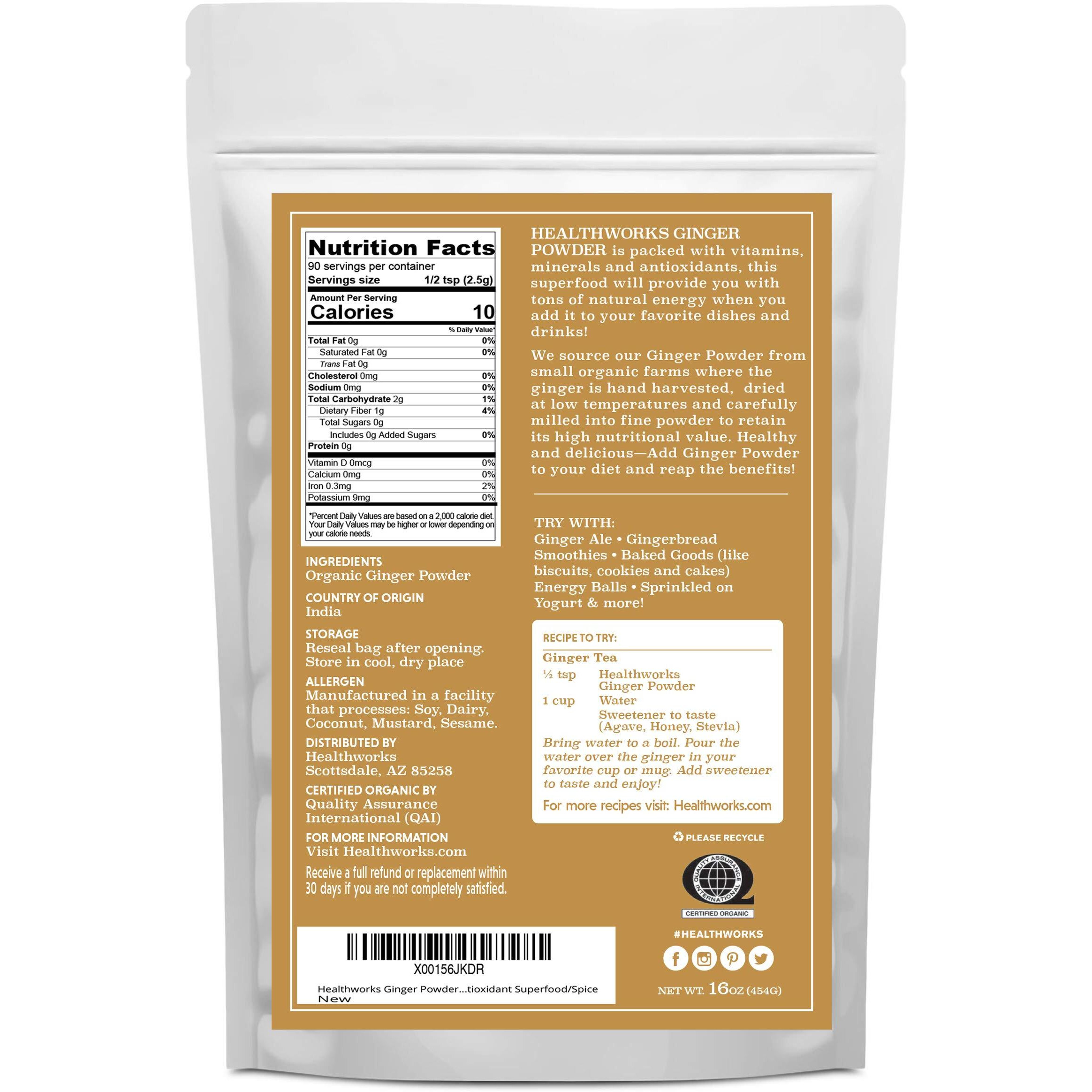 Healthworks Ginger Powder (16 Ounces / 1 Pound) | Ground | Raw | All-Natural & Certified Organic | Keto, Vegan | Great With Coffee, Tea & Juices | Superfood/Spice