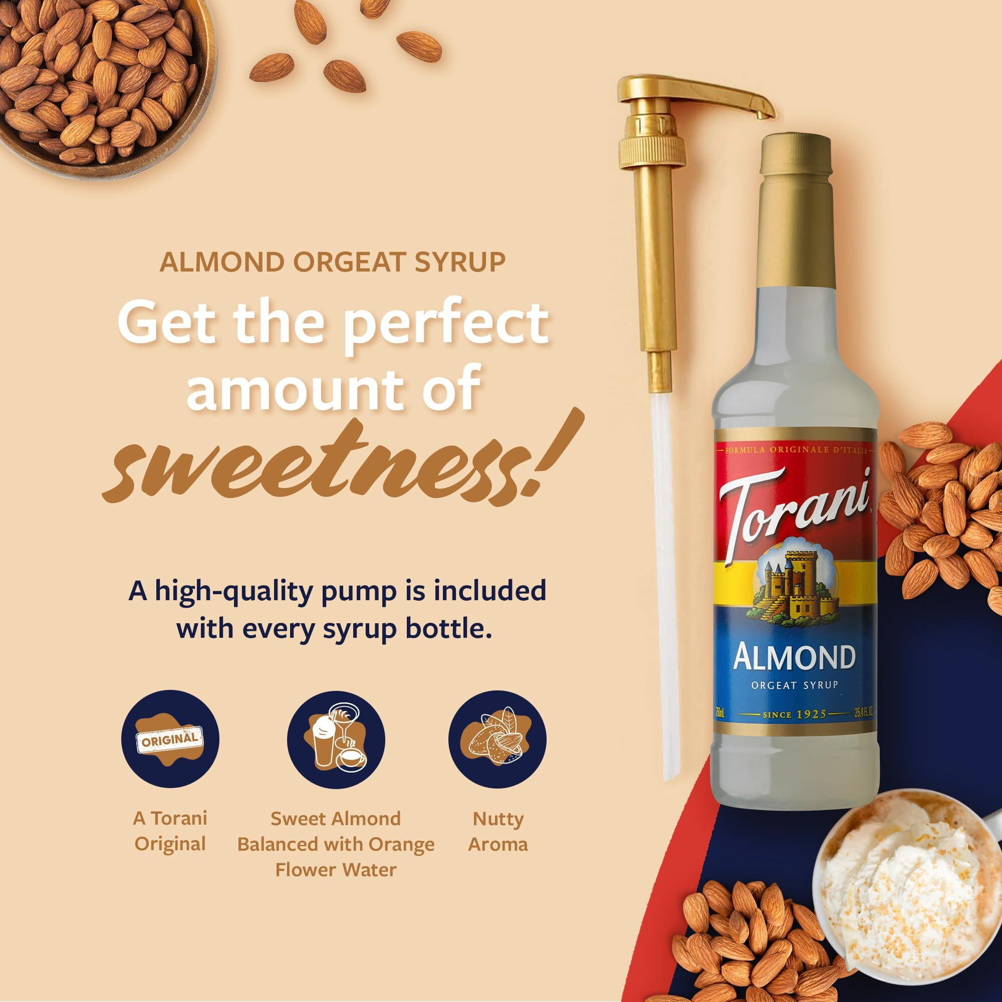 Torani Coffee Syrup, Almond Orgeat Flavored Syrup For Drinks, Pump Included, 25.4 Fl Oz