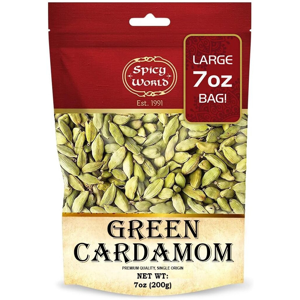 Spicy World Whole Green Cardamom Pods 7 Oz Large Bag (200G) - Natural Spice, Vegan, Large, Aromatic - By Spicy World
