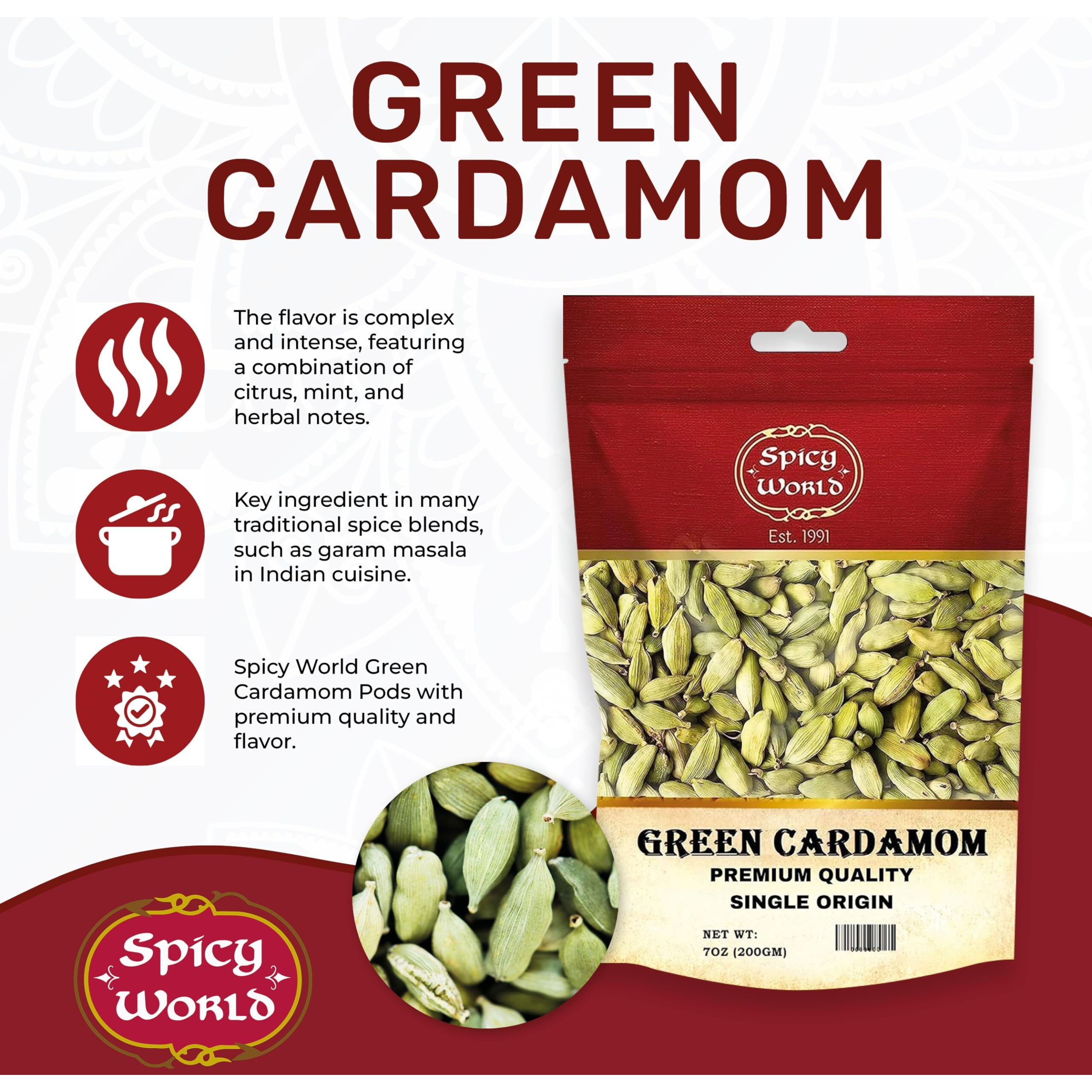 Spicy World Whole Green Cardamom Pods 7 Oz Large Bag (200G) - Natural Spice, Vegan, Large, Aromatic - By Spicy World