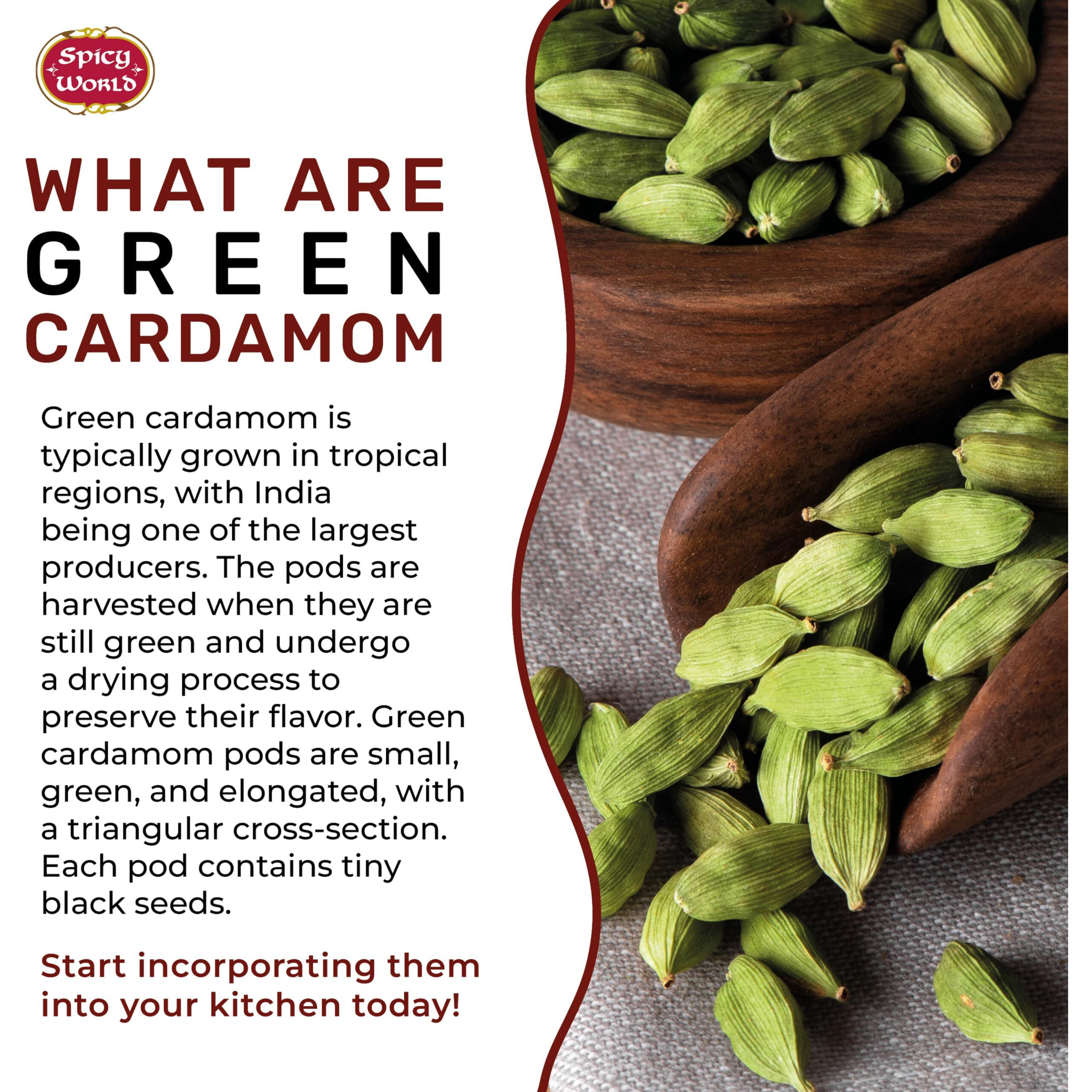 Spicy World Whole Green Cardamom Pods 7 Oz Large Bag (200G) - Natural Spice, Vegan, Large, Aromatic - By Spicy World