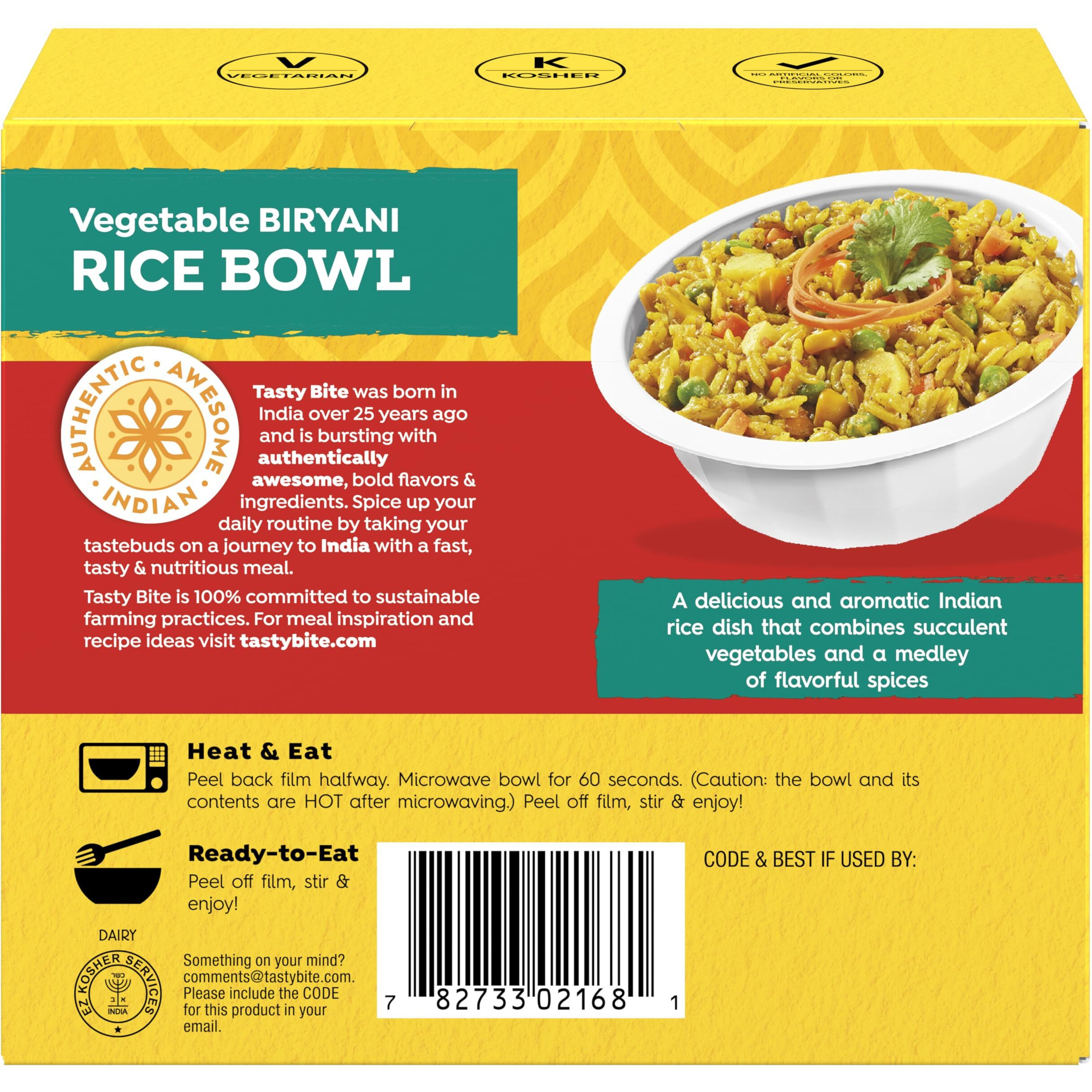 Tasty Bite Vegetable Biryani Rice Bowl, Ready To Eat, Microwaveable, Gluten Free, 7 Ounce (Pack Of 6)