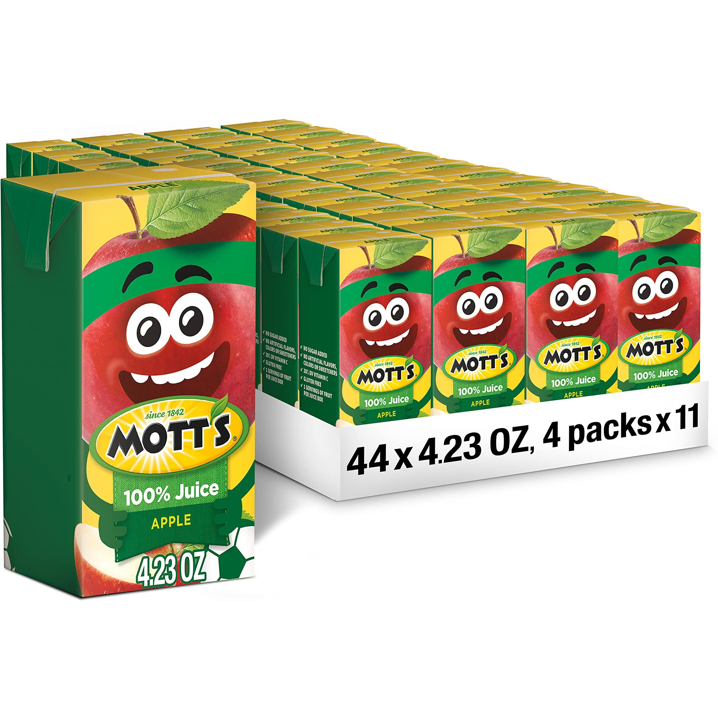 Mott's 100% Original Apple Juice, 4.23 Fl Oz Boxes, 44 Count (11 Packs Of 4), 2 Servings Of Fruit, 100% Fruit Juice, Gluten-Free, Caffeine-Free, Kosher, Contains No Artificial Colors Or Sweeteners