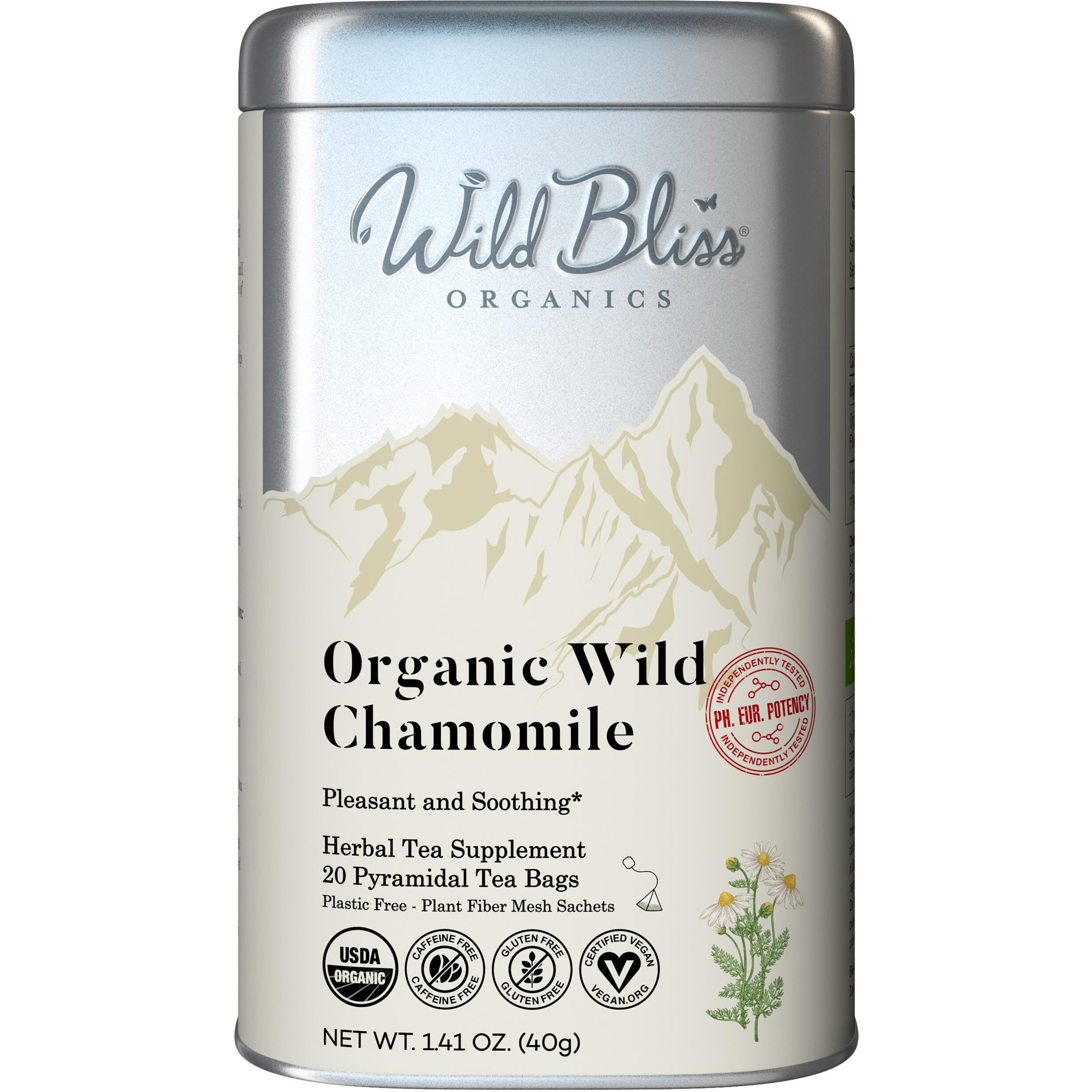 Organic Wild Chamomile Flower Tea - Caffeine Free Herbal Tea - 20 Plant Based Tea Bags