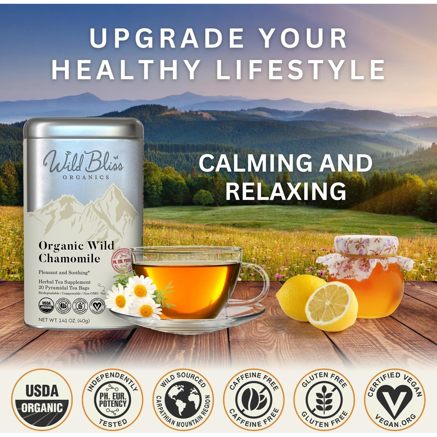 Organic Wild Chamomile Flower Tea - Caffeine Free Herbal Tea - 20 Plant Based Tea Bags