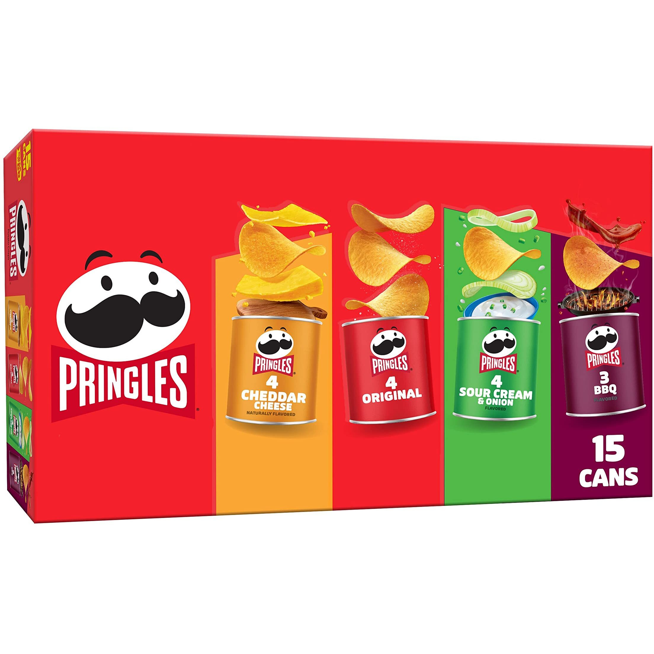 Pringles Potato Crisps Chips, Lunch Snacks, Office And Kids Snacks, Grab And Go Snack Packs, Variety Pack, 20.6Oz Box (15 Cans)