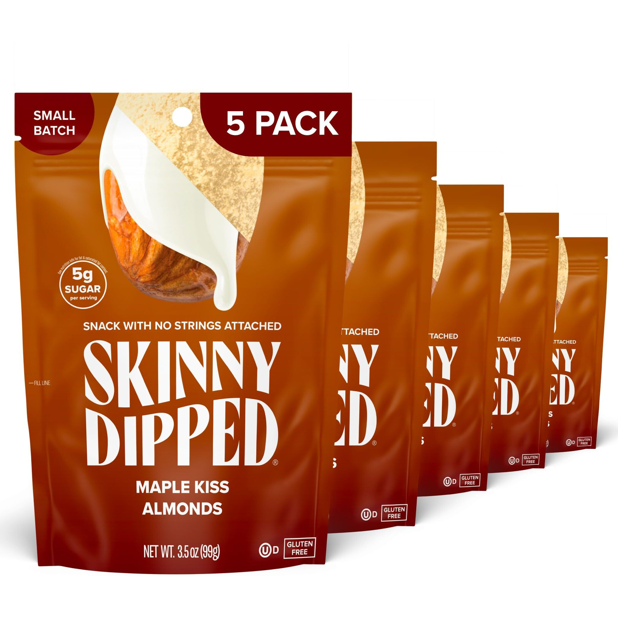Skinnydipped Maple Kiss Almonds, Healthy Snack, Plant Protein, Gluten Free, 3.5 Oz Resealable Bags, Pack Of 5, Limited Edition