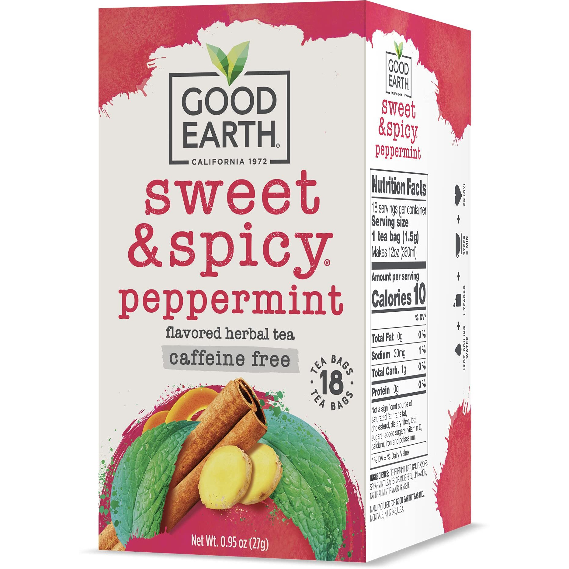 Good Earth Sweet & Spicy, Caffeine Free Peppermint Herbal Tea, Black 18 Tea Bags (Pack Of 6)