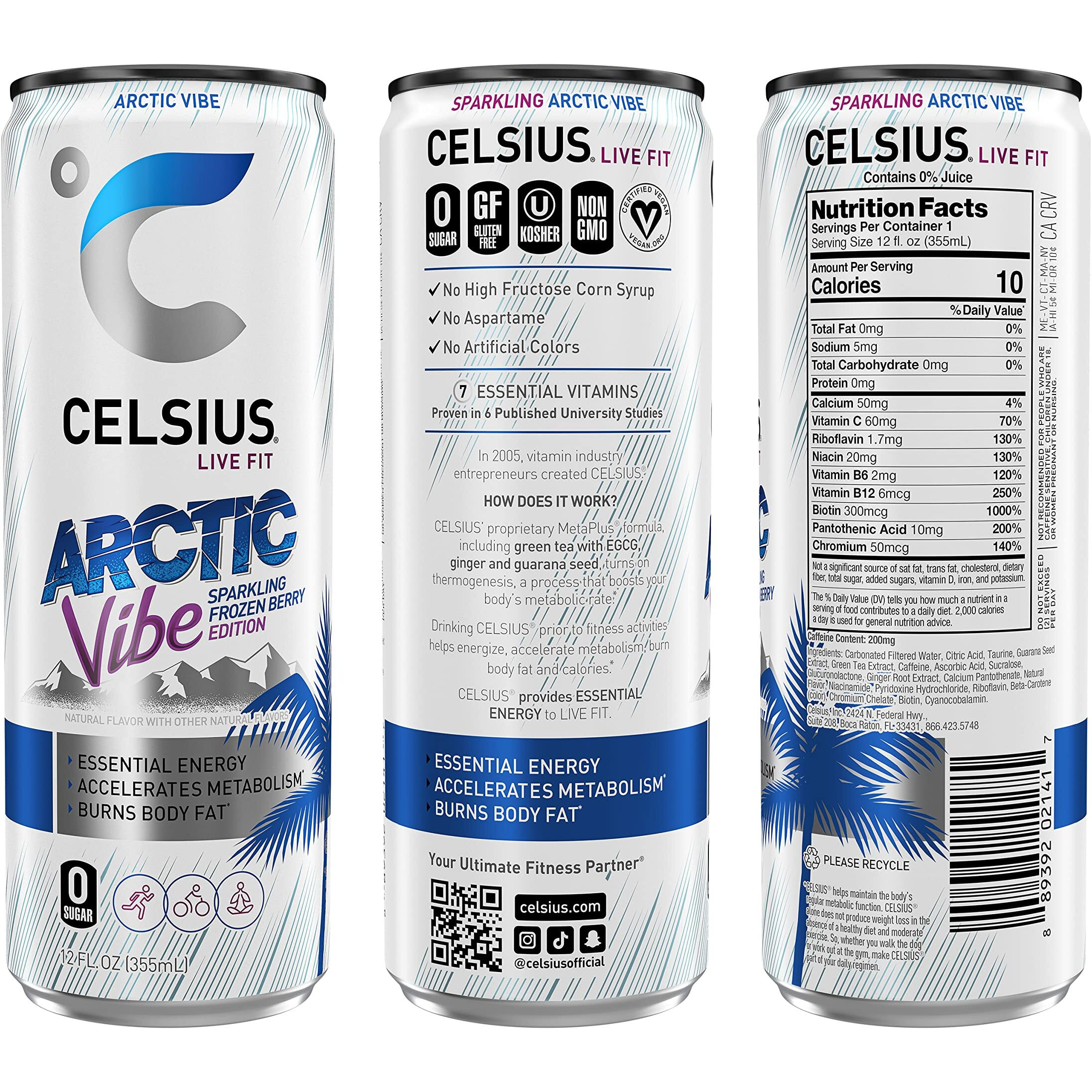 Celsius Sparkling Arctic Vibe, Functional Essential Energy Drink, 12 Fl Oz (Pack Of 24)