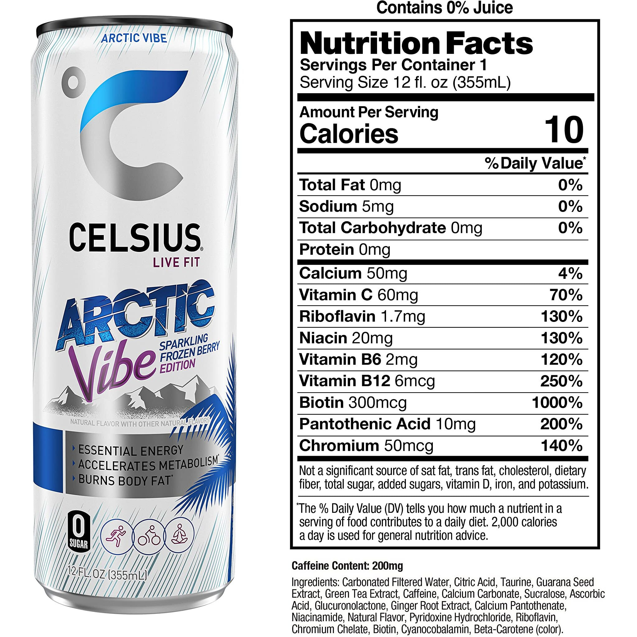 Celsius Sparkling Arctic Vibe, Functional Essential Energy Drink, 12 Fl Oz (Pack Of 24)