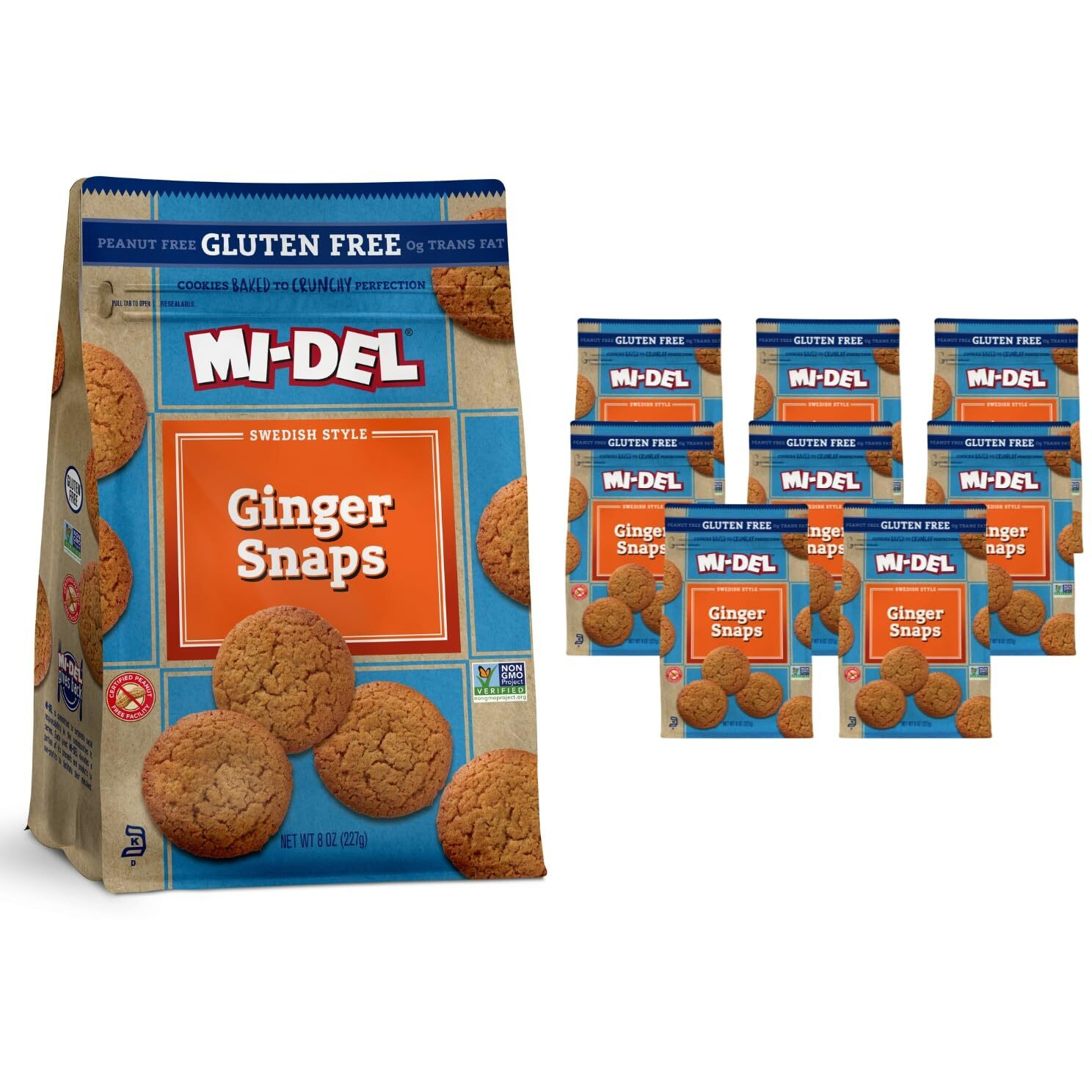 Mi-Del Ginger Snaps Gluten Free - Crunchy Gluten Free Ginger Cookies Made With Real Ginger - Swedish Ginger Snaps Cookies Old Fashioned - Non-Gmo Certified, 0G Trans Fat, Healthy Cookies (Pack Of 8)