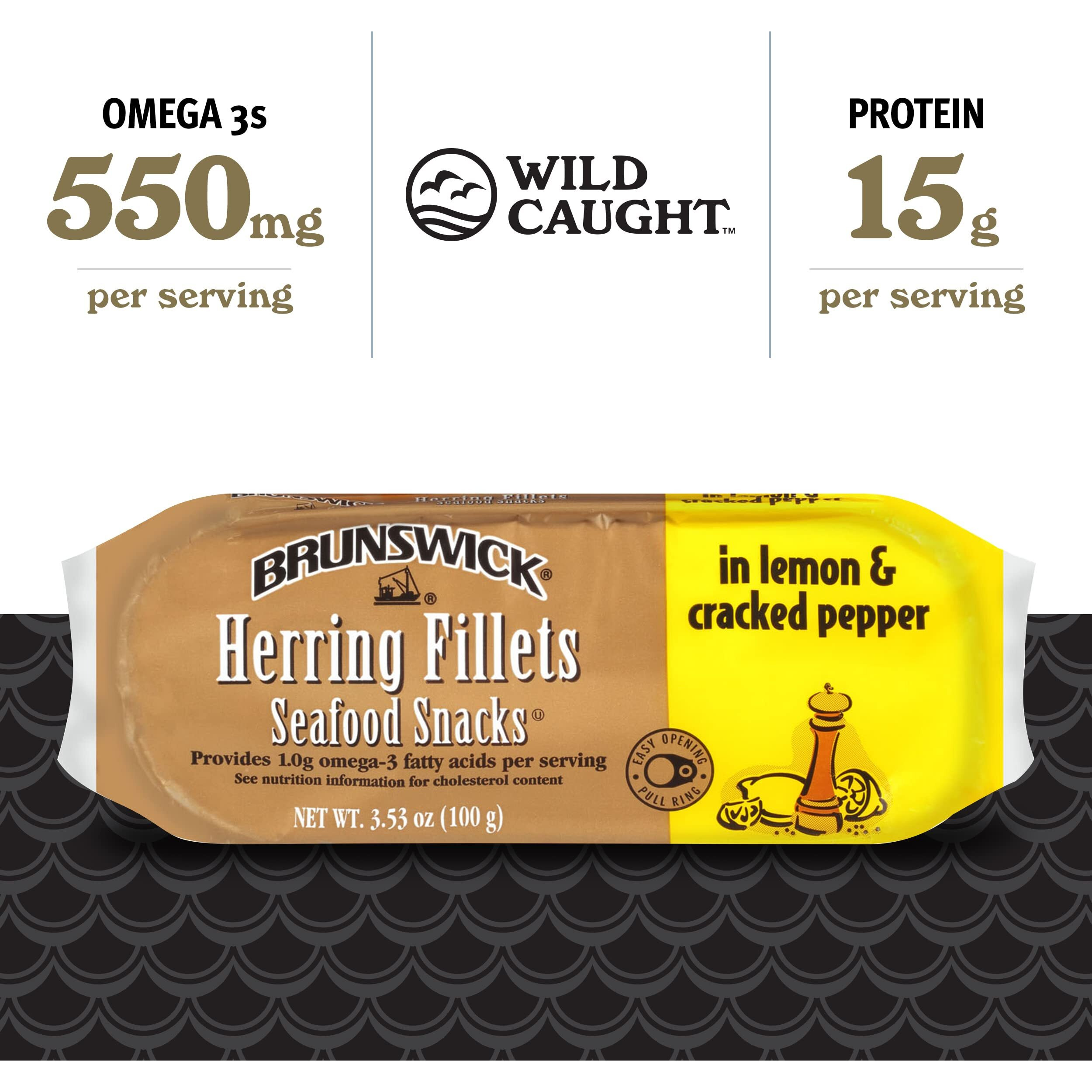Brunswick Herring Fillets In Lemon & Cracked Pepper, 3.53 Oz (Pack Of 12) - 15G Protein Per Serving - Gluten Free, Keto Friendly - Great For Pasta & Seafood Recipes