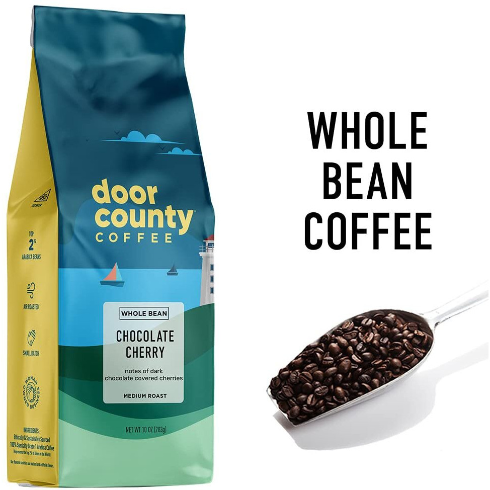 Door County Coffee Chocolate Cherry Flavored Coffee Whole Bean | 10 Oz Bag | Medium Roast | 100% Specialty Arabica Coffee | Flavored Gourmet Coffee | Chocolate Cherry
