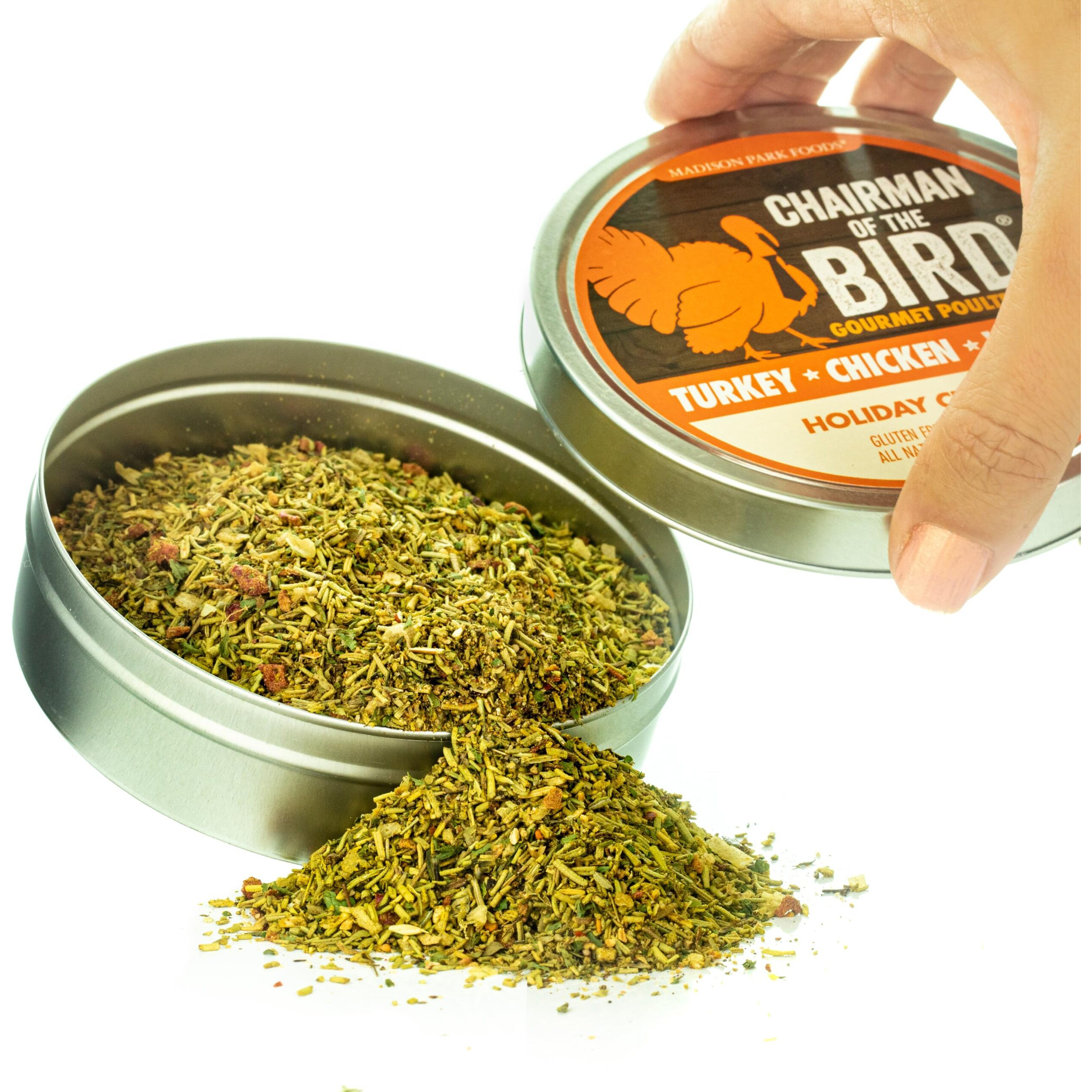 Chairman Of The Bird Gourmet Turkey Rub - Thanksgiving All-In-One Herb Seasoning - Dry Brine Kit, Stuffing Mix - Great For Smoking, Roasting, Grilling - Natural Gluten Free And No Salt Sugar Or Msg, By Madison Park Foods, 2 Ounce Spice Tin