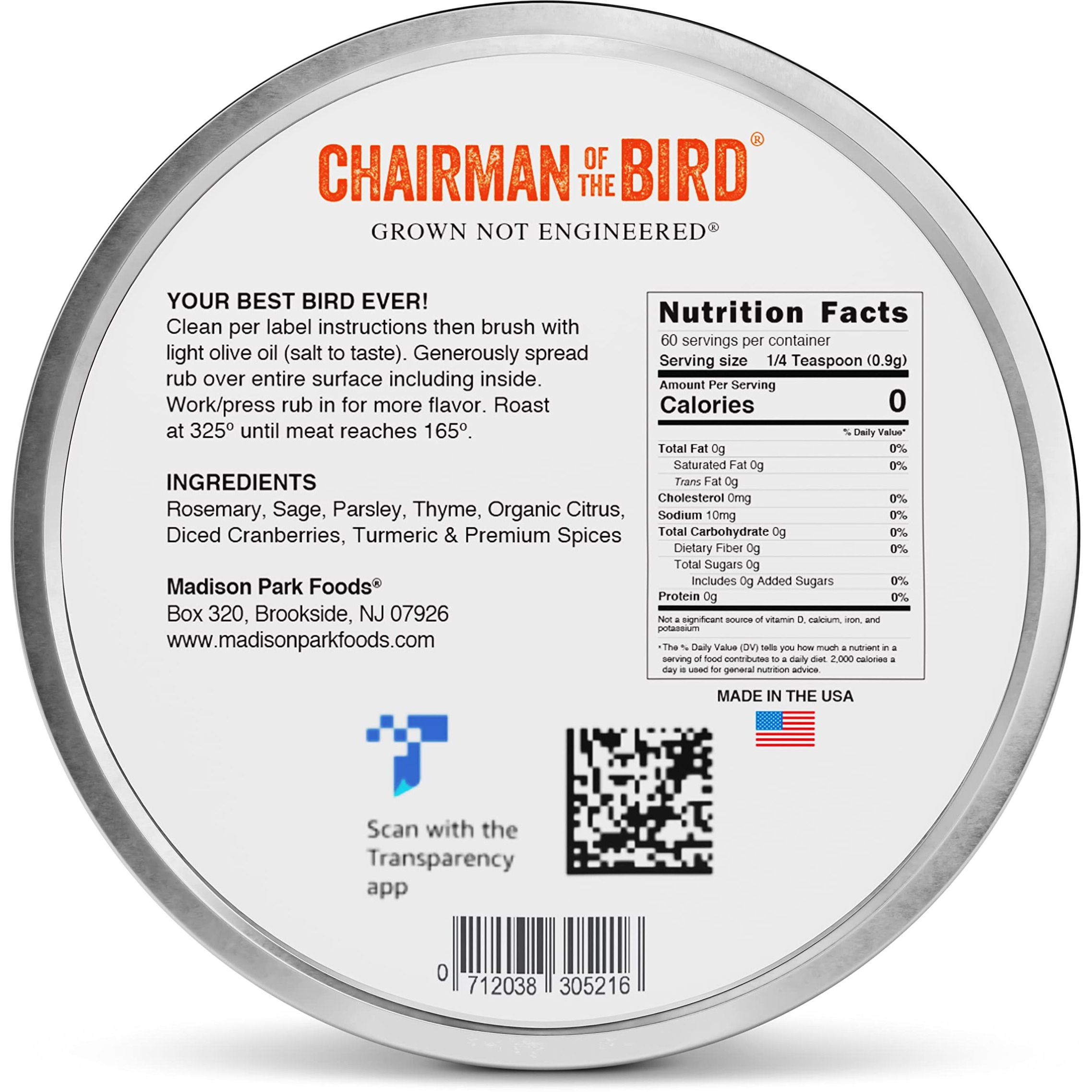 Chairman Of The Bird Gourmet Turkey Rub - Thanksgiving All-In-One Herb Seasoning - Dry Brine Kit, Stuffing Mix - Great For Smoking, Roasting, Grilling - Natural Gluten Free And No Salt Sugar Or Msg, By Madison Park Foods, 2 Ounce Spice Tin