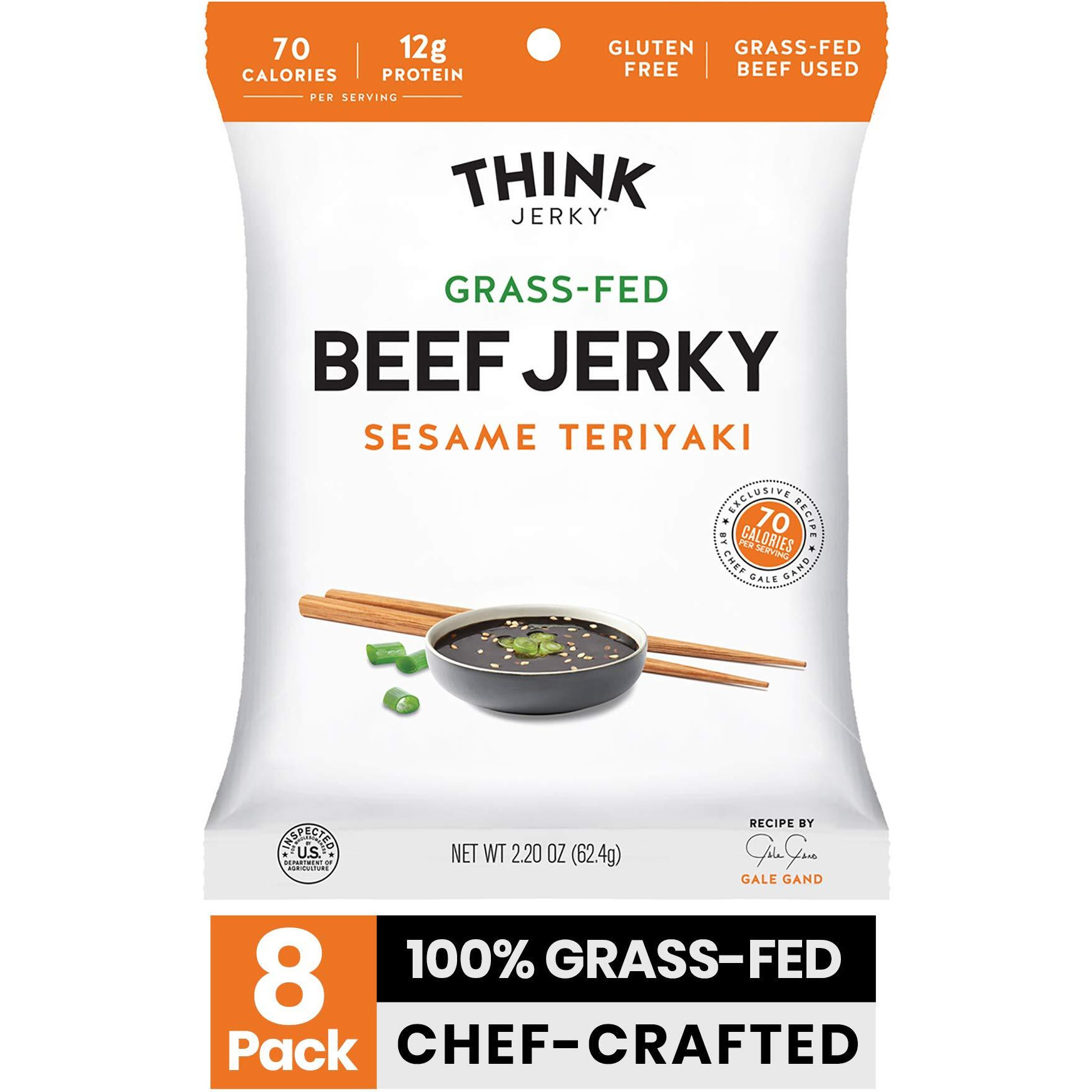 Think Jerky, Sesame Teriyaki Beef Jerky (2.2 Ounce Bags, Pack Of 8 Bags) - Delicious Chef Crafted Jerky, Grass-Fed Beef Jerky, Gluten Free, No Antibiotics Or Nitrates - Healthy Protein Snack, Low Calorie And Low Fat