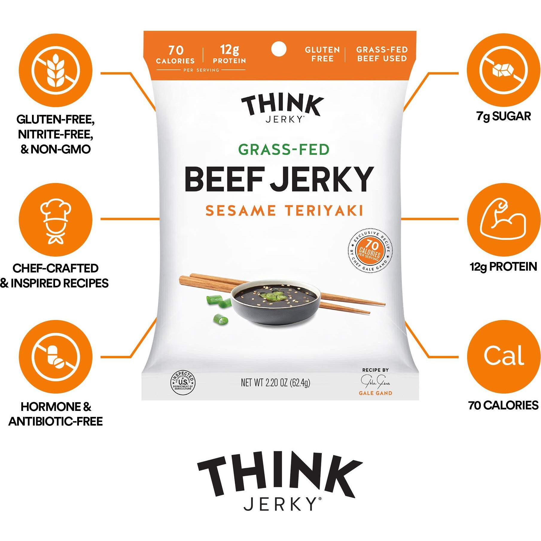 Think Jerky, Sesame Teriyaki Beef Jerky (2.2 Ounce Bags, Pack Of 8 Bags) - Delicious Chef Crafted Jerky, Grass-Fed Beef Jerky, Gluten Free, No Antibiotics Or Nitrates - Healthy Protein Snack, Low Calorie And Low Fat