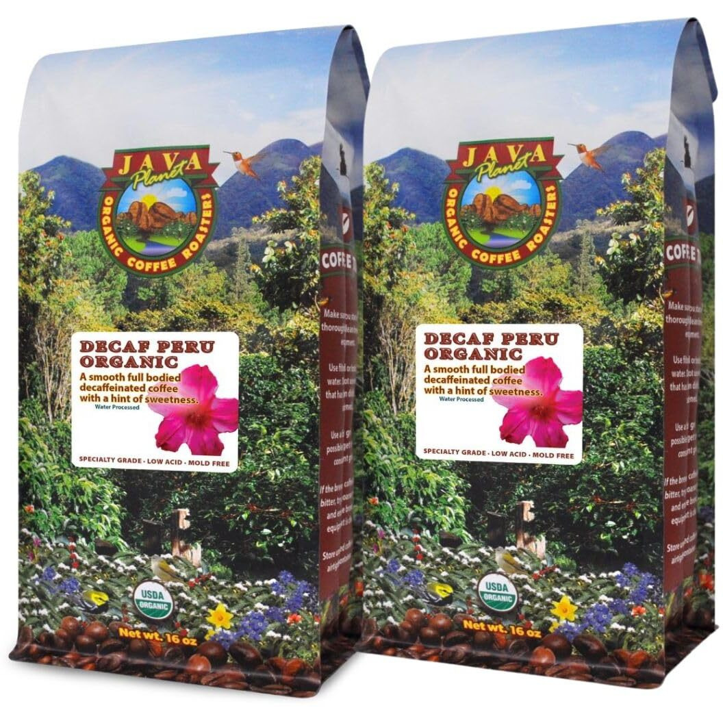 Java Planet Organic, Water Process Decaf Peru, Smooth Full Flavored Organic Coffee Beans, Low Acid, Whole Bean Coffee, Two 1 Lb Bags