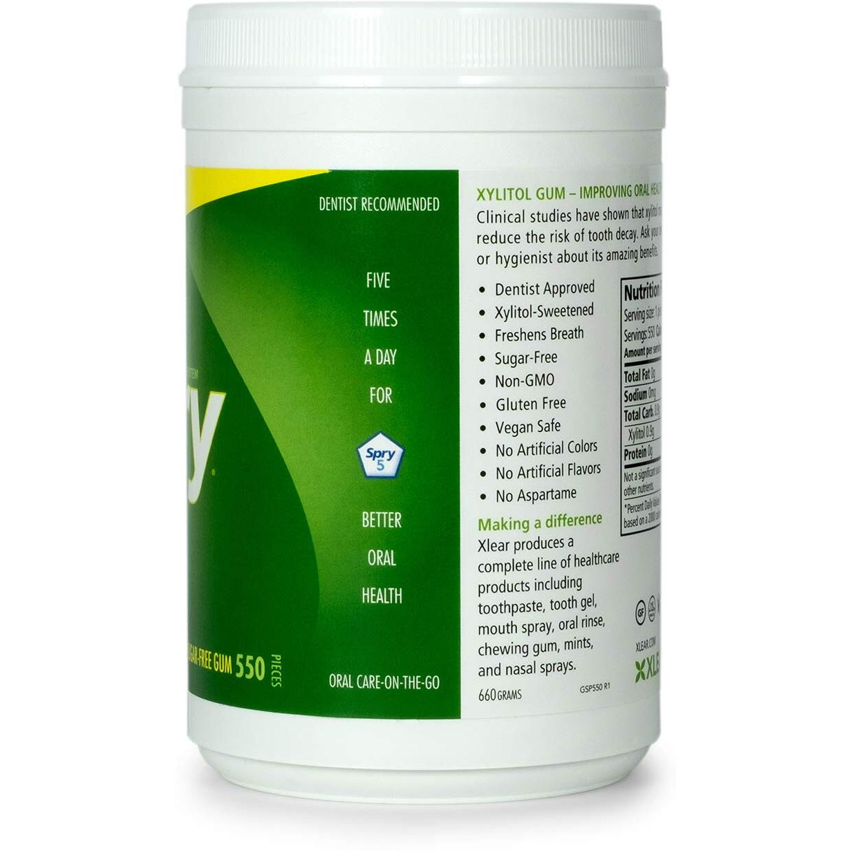 Spry Fresh Natural Spearmint Gum, Natural Xylitol Chewing Gum Dental Defense System Aspartame-Free & Sugar Free Gum, 550 Count (3 Pack)