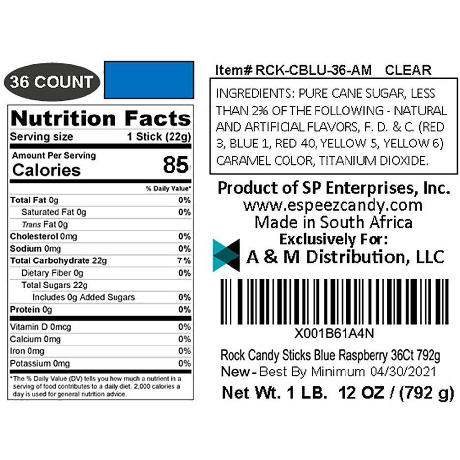 Extra Large Rock Candy Sticks 36 Blue Raspberry Lollipop - Individually Wrapped Blue Crystal Rock Candy Sticks - Espeez Candy For Candy Buffet, Birthdays, Weddings, Receptions, Bridal And Baby Shower