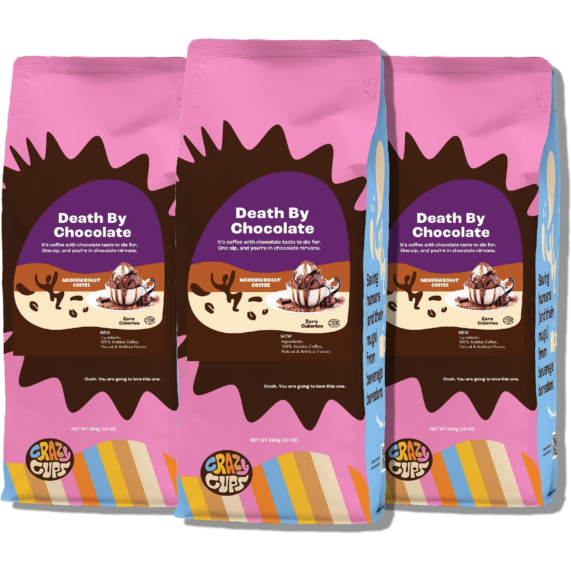 Crazy Cups Flavored Ground Chocolate Coffee, Death By Chocolate Coffee In 10 Oz Bag, For Brewing Flavored Hot Or Iced Coffee, 3 Pack