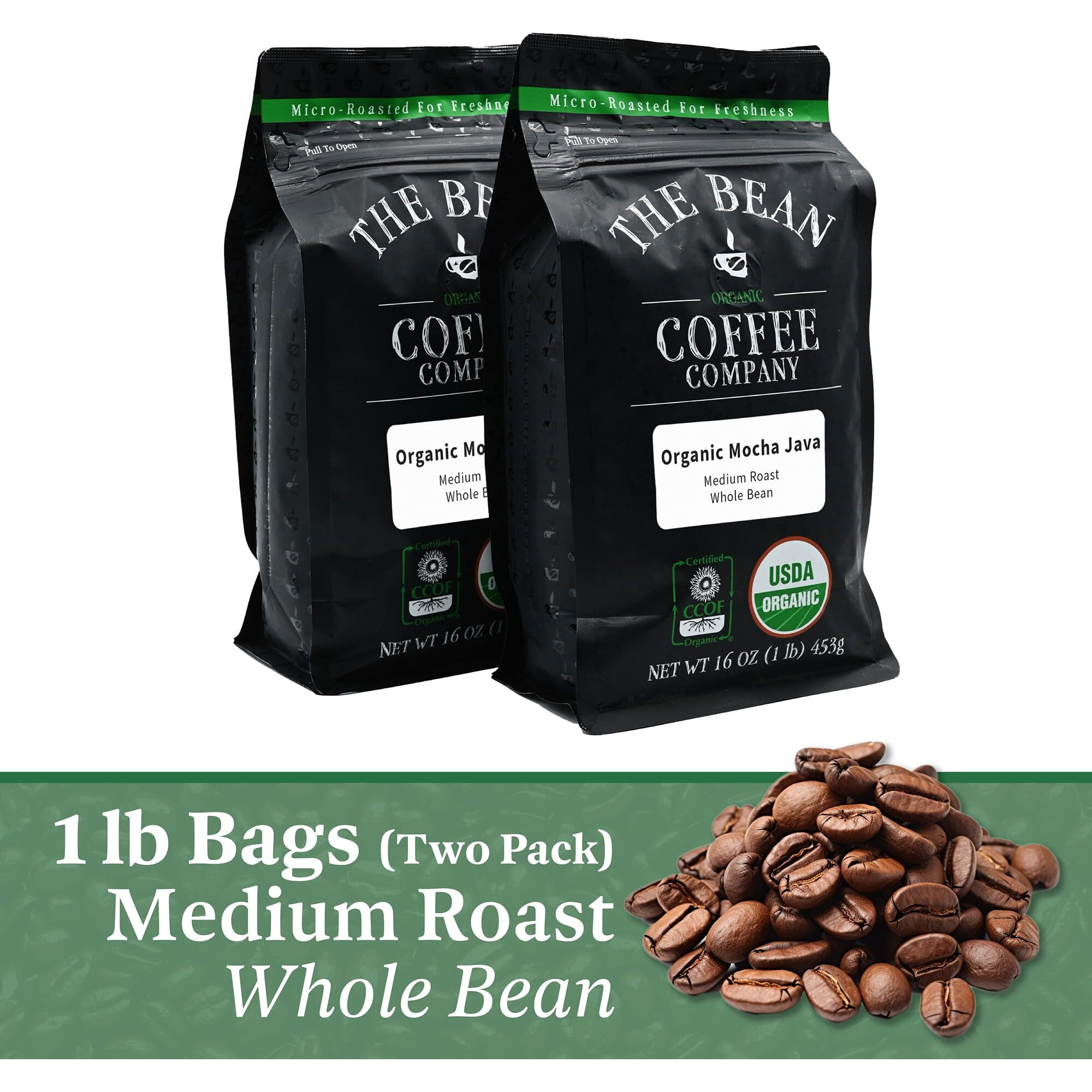 The Bean Organic Coffee Company Mocha Java, Medium Roast, Whole Bean Coffee, 16-Ounce Bags (Pack Of 2)
