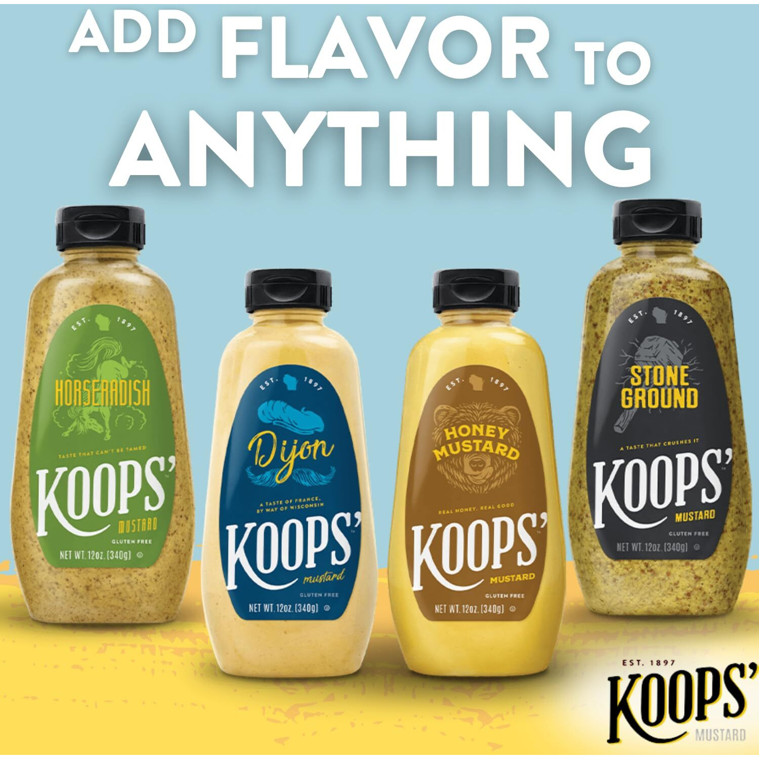 Koops' Best Sellers Mustard Variety Pack - Horseradish, Dijon, Honey Mustard, & Stone Ground - Gluten-Free, Kosher, Made In Usa, From Quality Mustard Seeds - 12 Oz, Pack Of 4