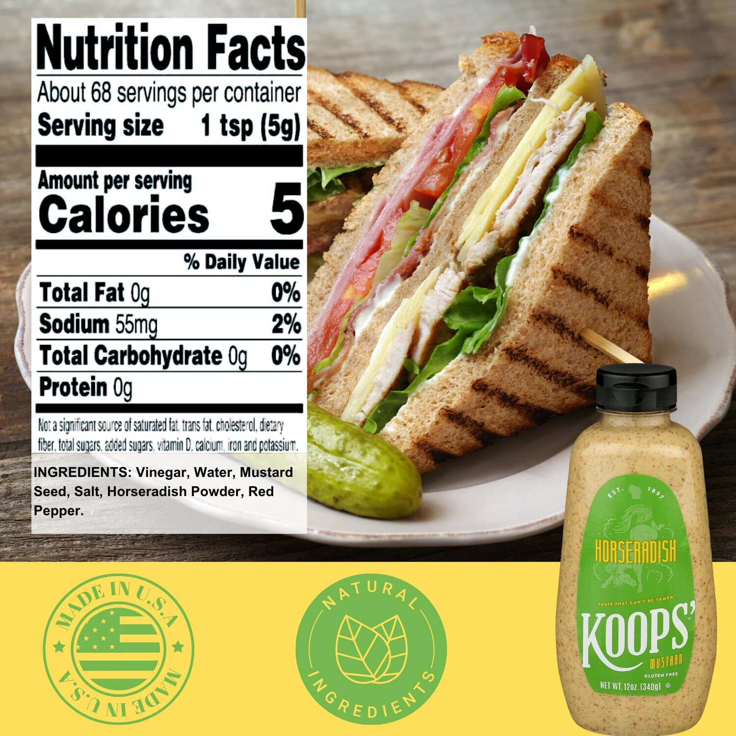 Koops' Best Sellers Mustard Variety Pack - Horseradish, Dijon, Honey Mustard, & Stone Ground - Gluten-Free, Kosher, Made In Usa, From Quality Mustard Seeds - 12 Oz, Pack Of 4