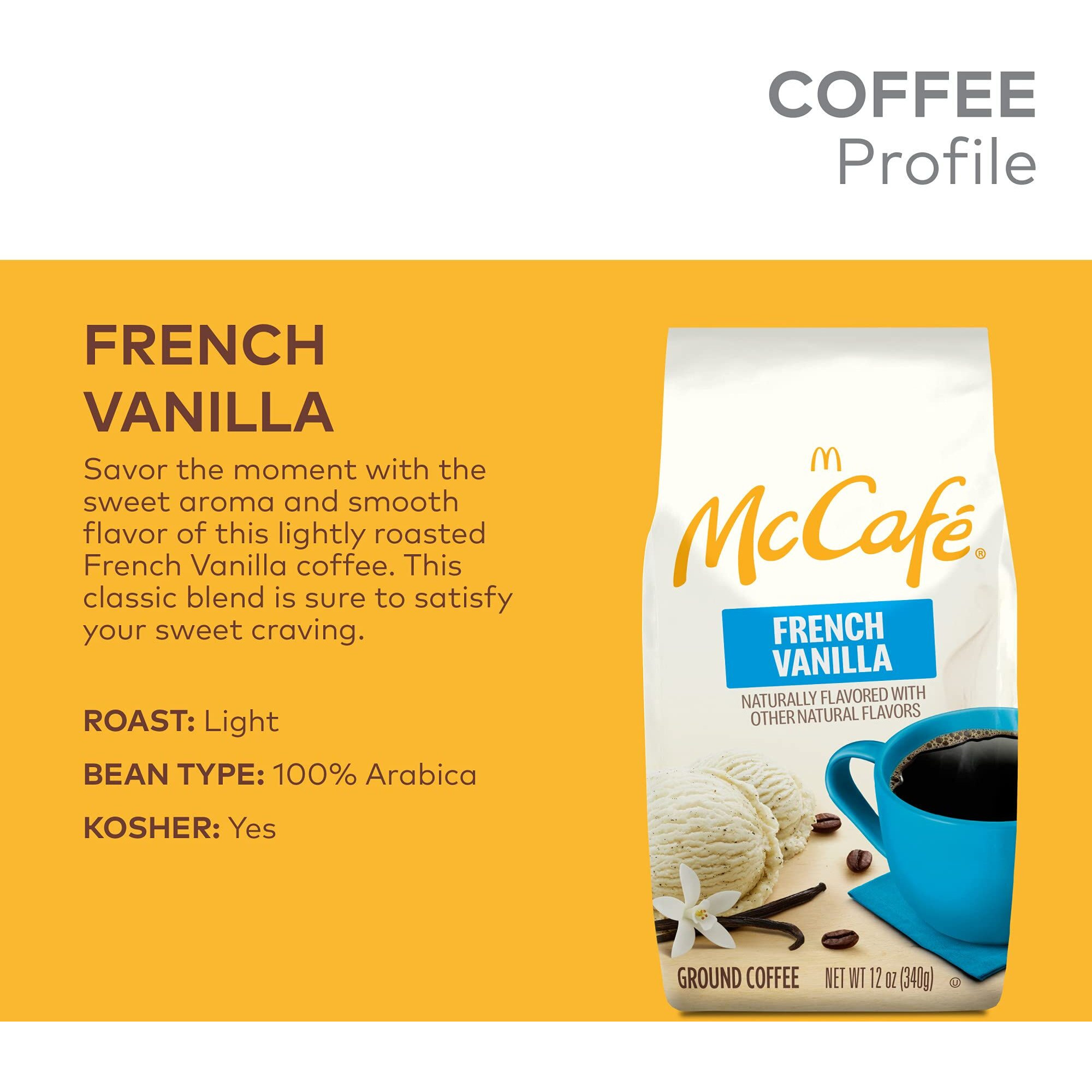 Mccafe French Vanilla, Flavored Light Roast Ground Coffee, 12 Oz Bag