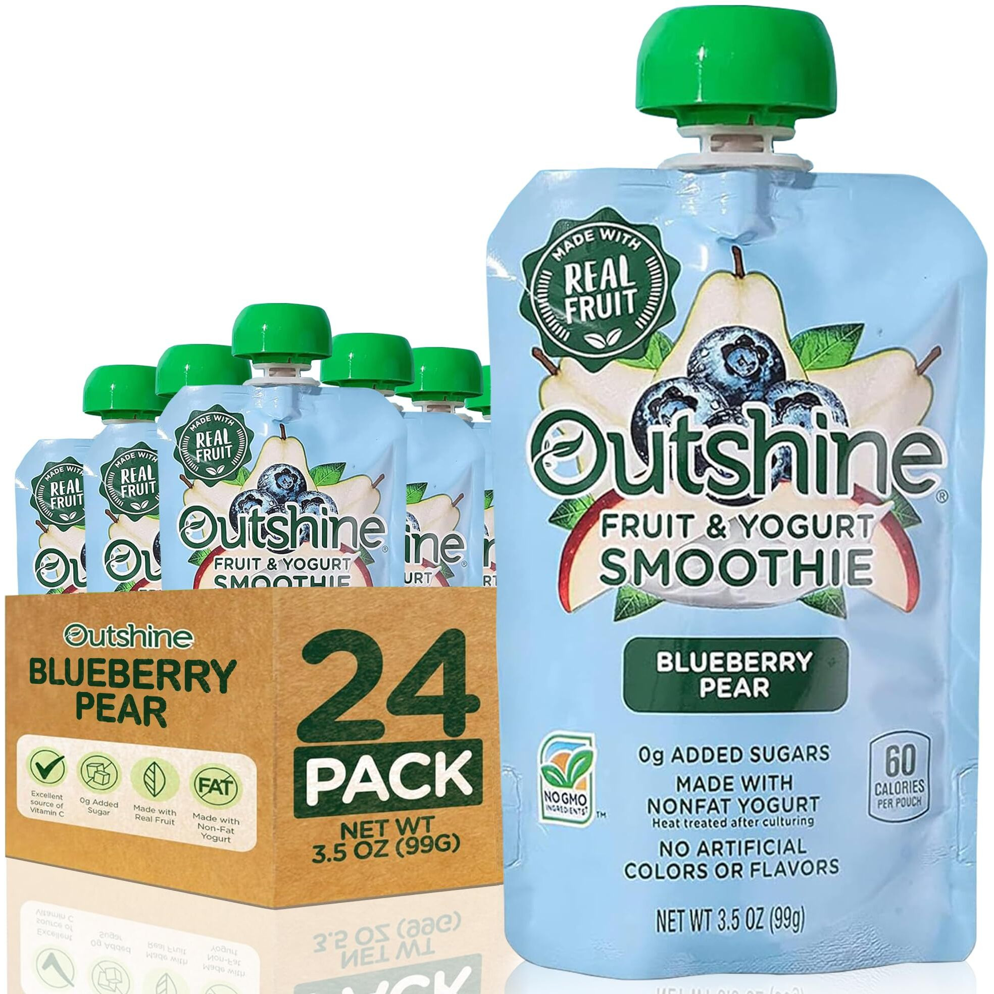 Outshine Smoothie Blueberry Pear Yogurt Smoothie Pouches - Fruit Pouches, Ready-To-Drink Smoothies, Kids & Adults Pureed Foods - Fruit Pouches For Kids & Adults, Smoothie Drink - (24 Count)