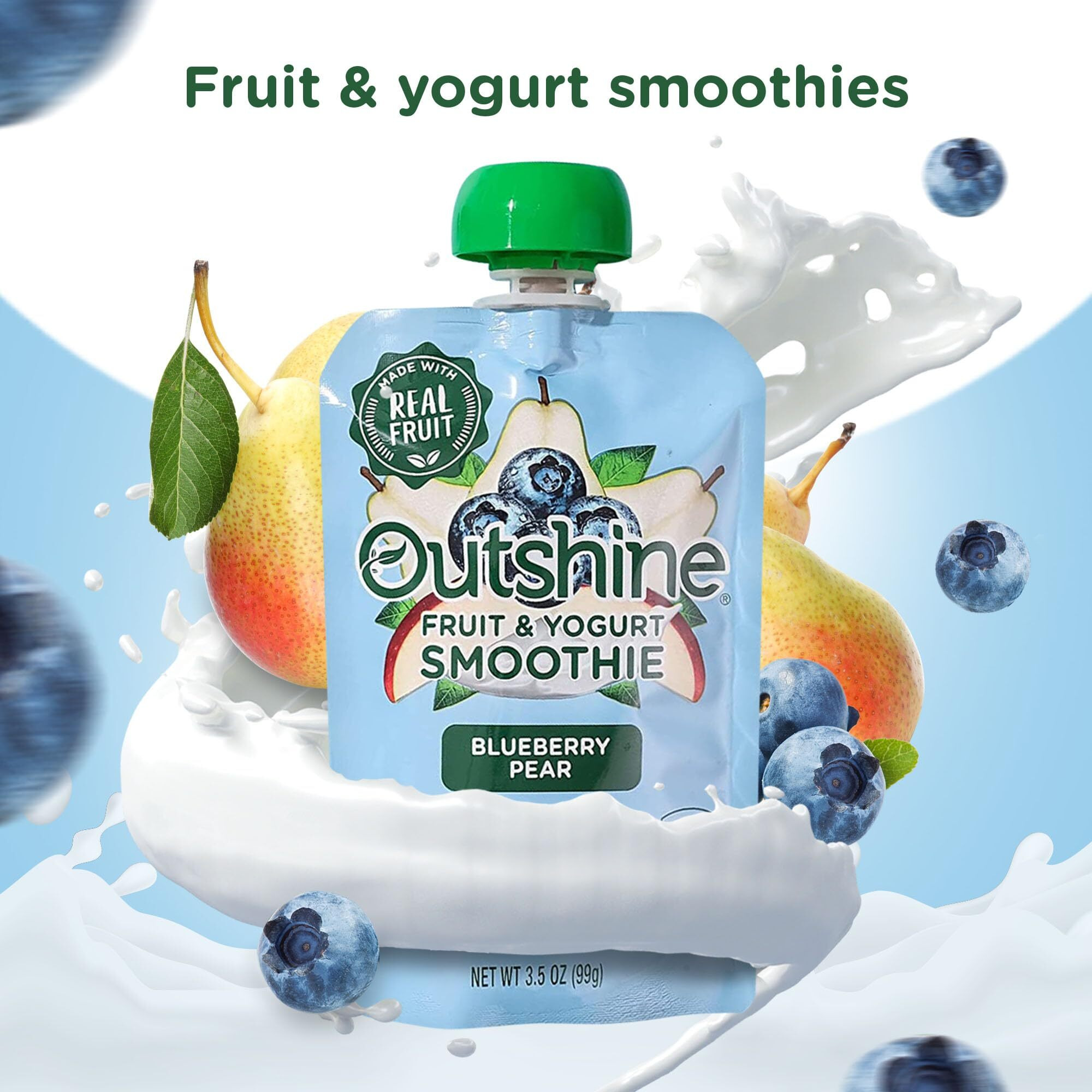 Outshine Smoothie Blueberry Pear Yogurt Smoothie Pouches - Fruit Pouches, Ready-To-Drink Smoothies, Kids & Adults Pureed Foods - Fruit Pouches For Kids & Adults, Smoothie Drink - (24 Count)