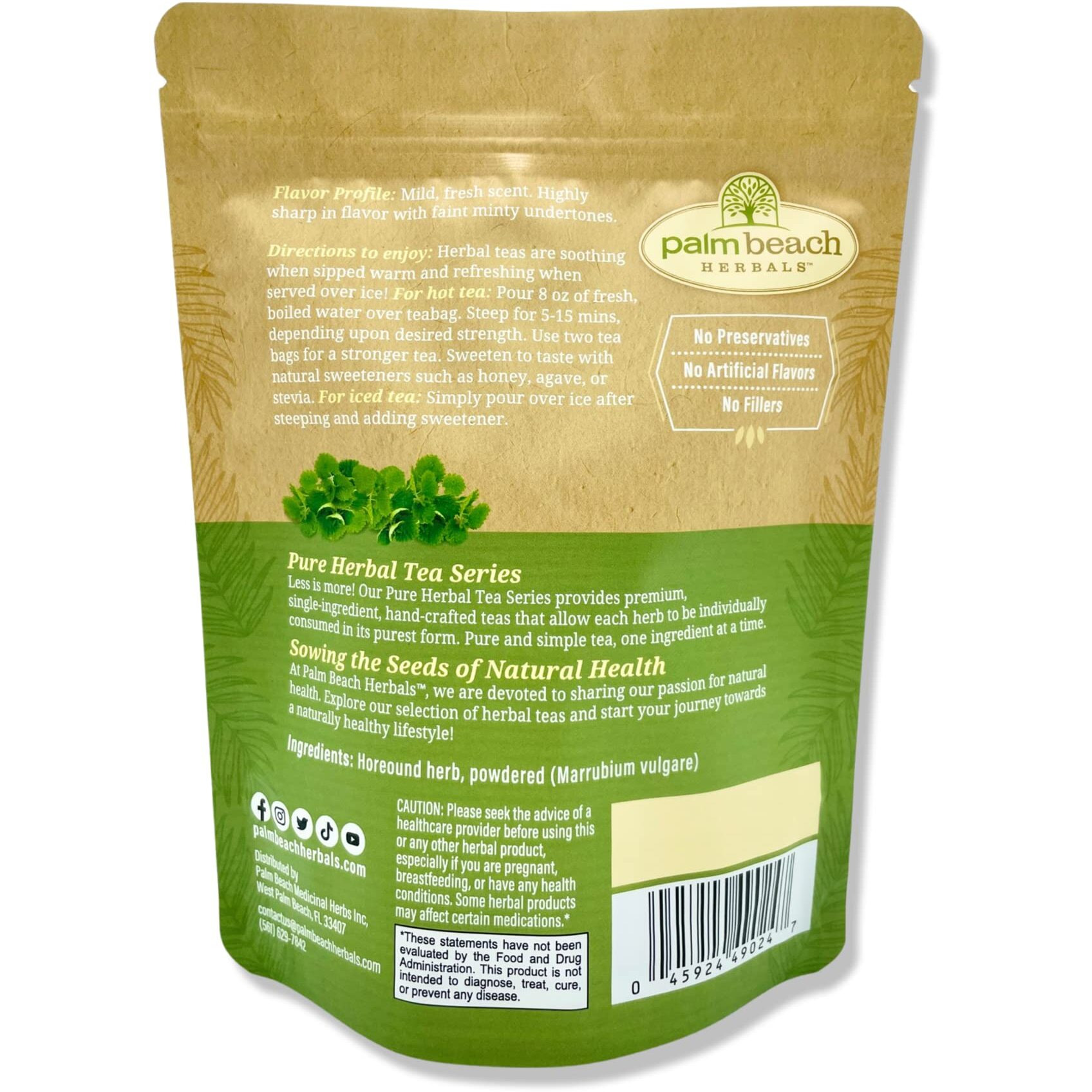 Horehound Tea By Palm Beach Herbals, 30 Count Tea Bags, Caffeine-Free | Pure Herbal Tea Series
