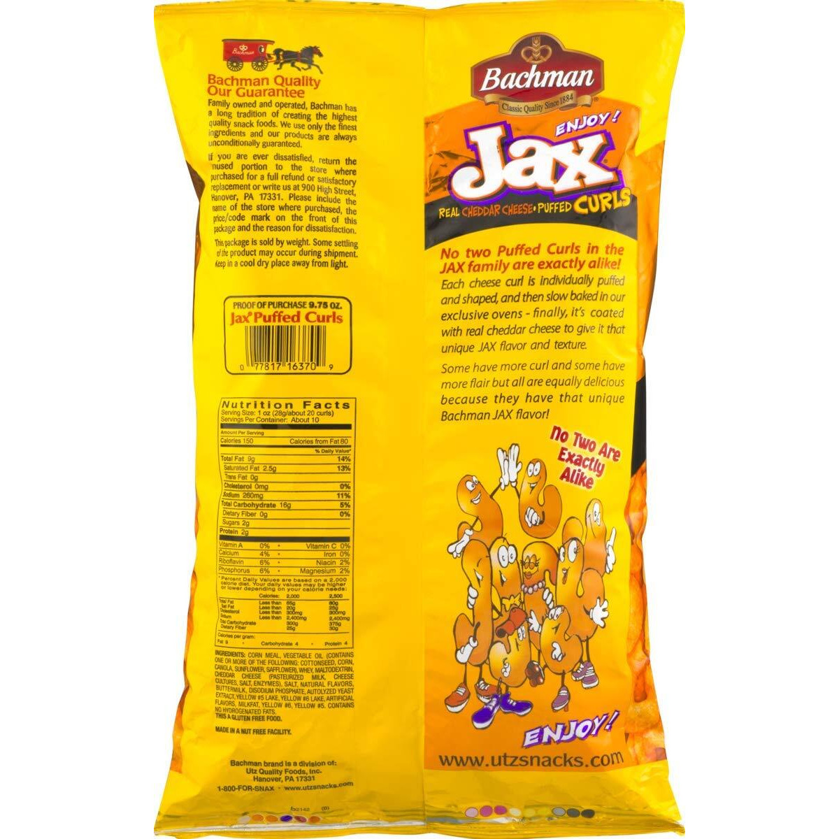 Bachman Jax Cheddar Cheese Puffed Curls 8.5 Oz Bags (3 Bags)