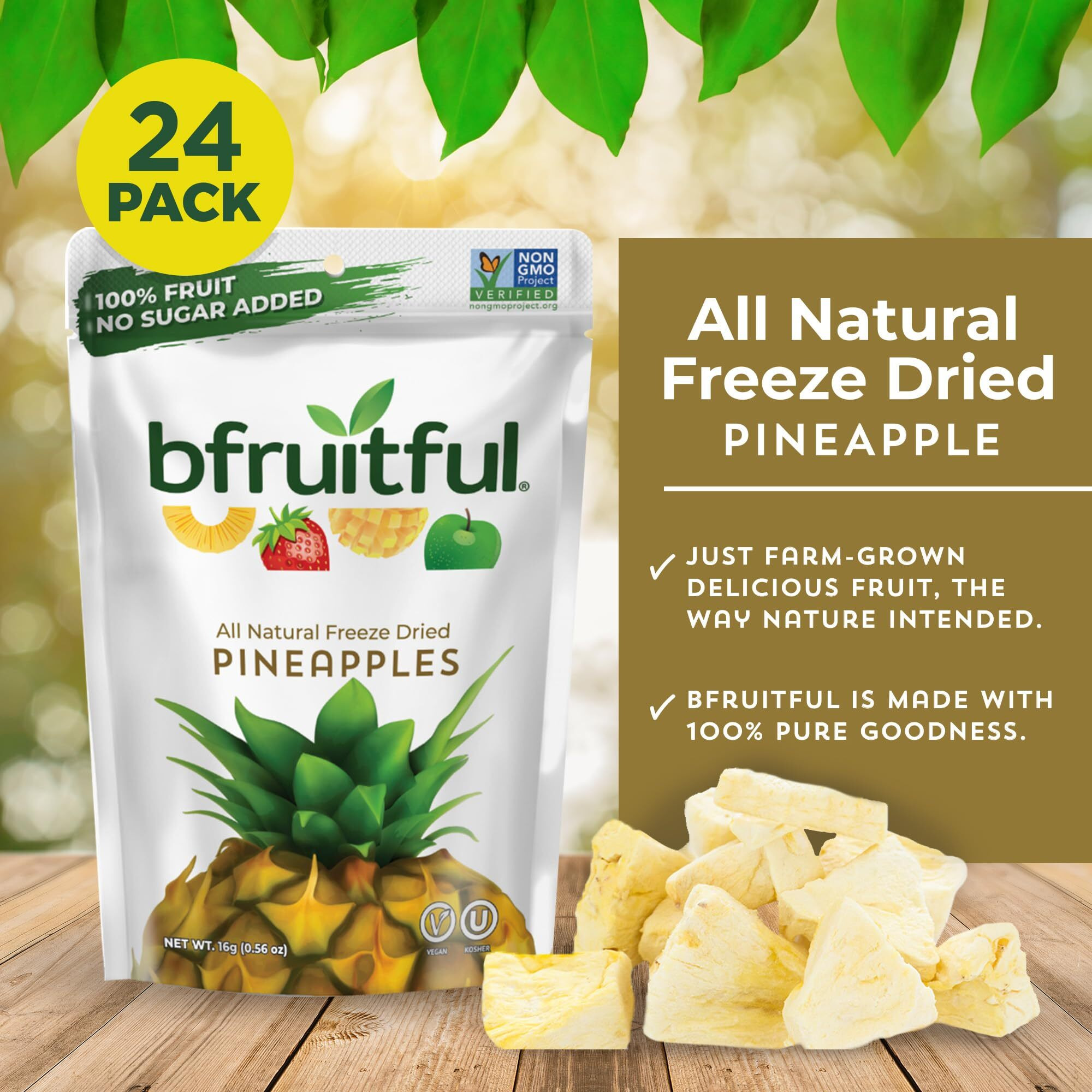 Bfruitful Freeze-Dried Pineapple, Freeze Dried Fresh Fruit Bites, Gluten Free, Vegan, Dairy Free, Kosher, No Sugar Added, Non Gmo, Healthy Snacks For Kids Or Adults, Single-Serve Snack Packs, 24 Pack
