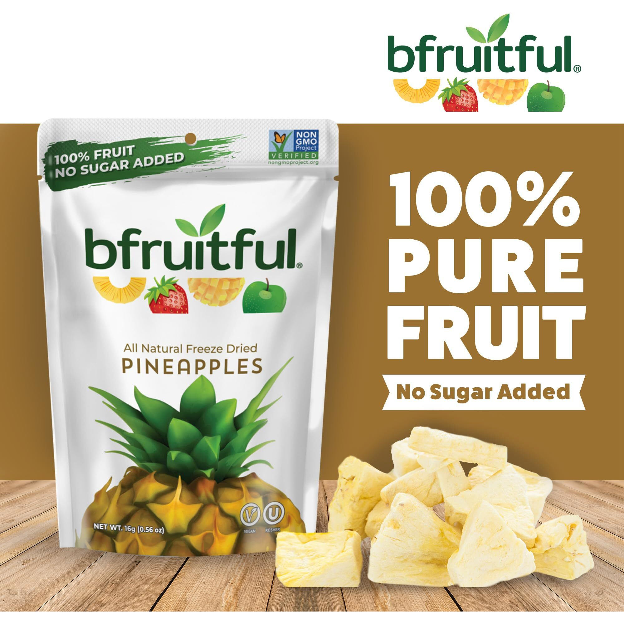 Bfruitful Freeze-Dried Pineapple, Freeze Dried Fresh Fruit Bites, Gluten Free, Vegan, Dairy Free, Kosher, No Sugar Added, Non Gmo, Healthy Snacks For Kids Or Adults, Single-Serve Snack Packs, 24 Pack