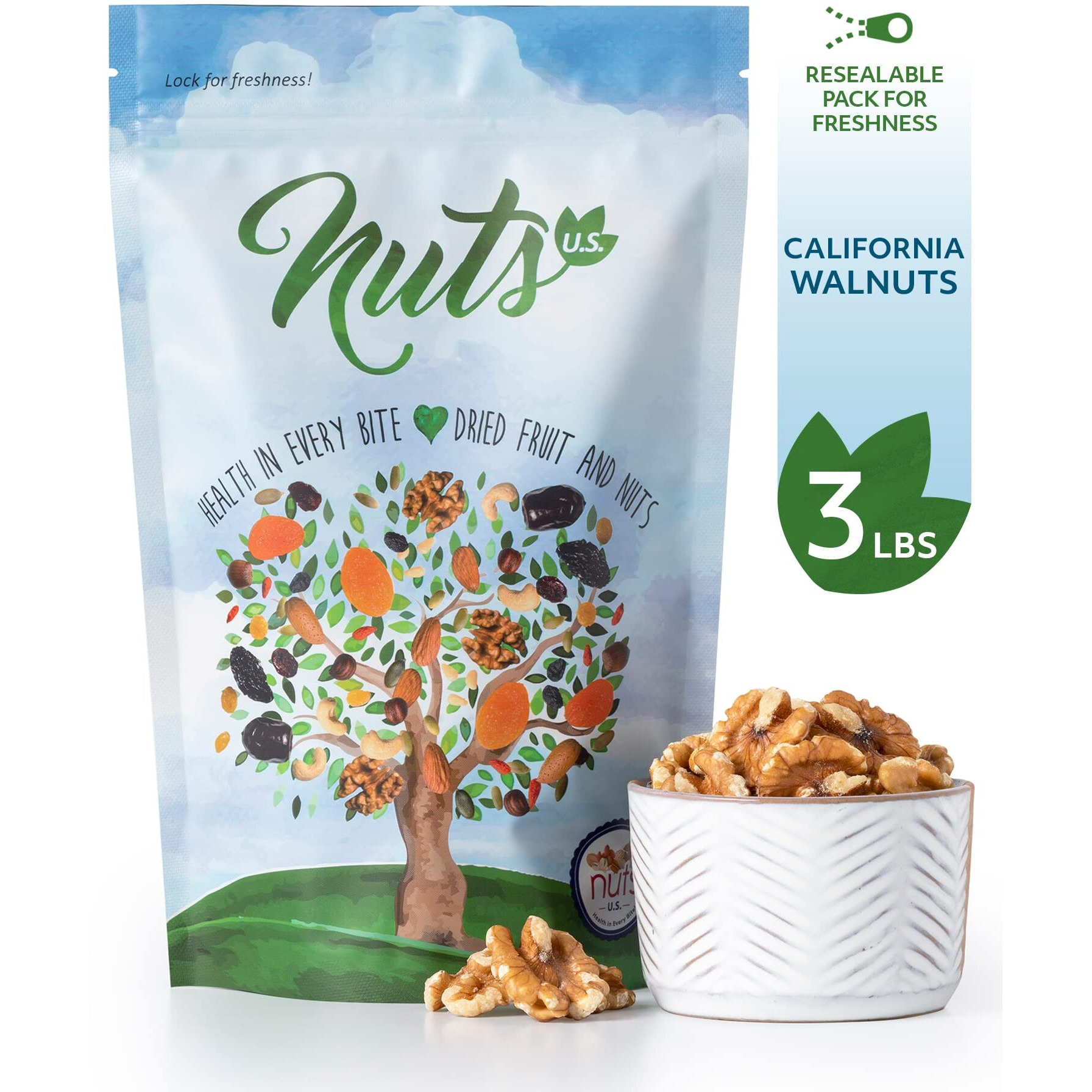 Nuts U.S. - California Walnuts | Shelled Halves And Pieces | Grown And Packed In California | Non-Gmo And Steam Pasteurized | Chandler Variety Raw Walnuts In Resealable Bags (3 Lbs)