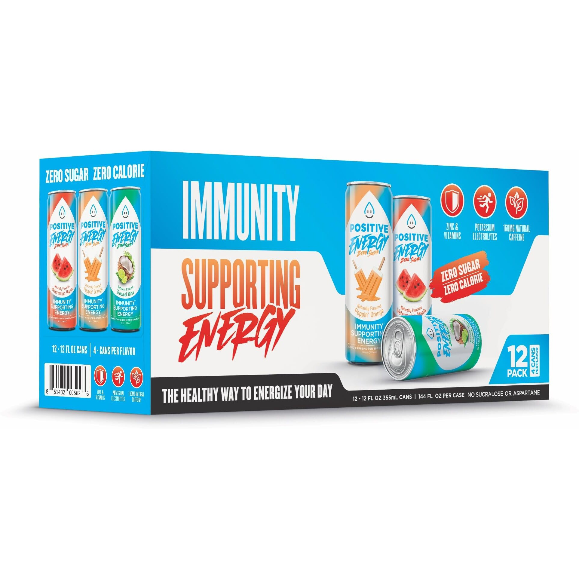 Positive Energy Beverage 3-Flavor Variety Pack | 12-Oz Can, Pack Of 12 | Zero Sugar Energy Drink, Immunity, And Hydration Support