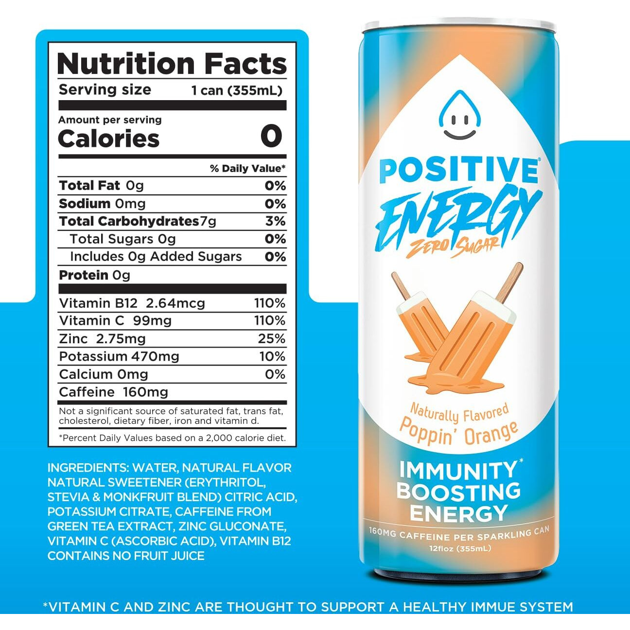 Positive Energy Beverage 3-Flavor Variety Pack | 12-Oz Can, Pack Of 12 | Zero Sugar Energy Drink, Immunity, And Hydration Support