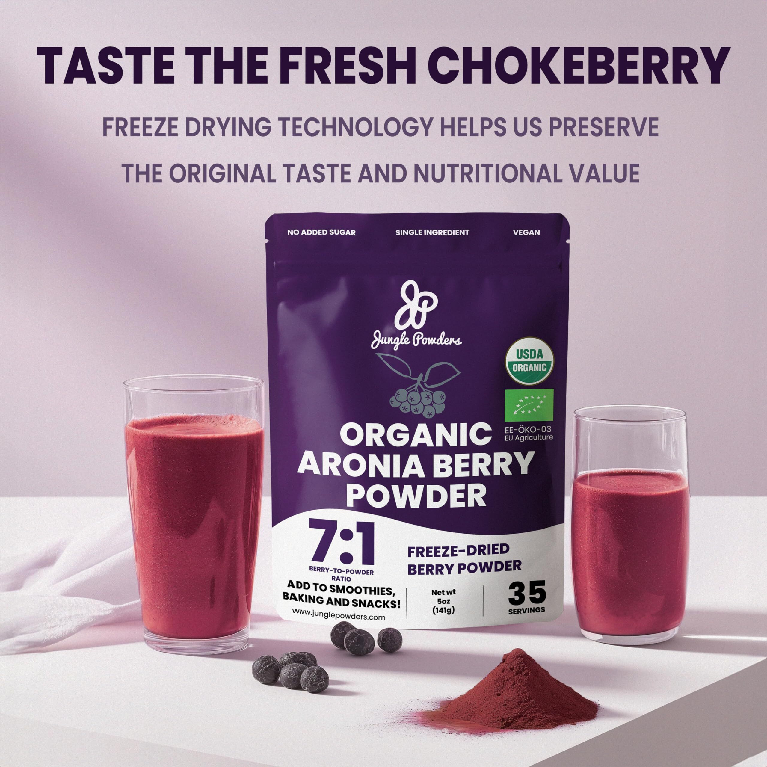 Jungle Powders Organic Aronia Berry Powder 5 Ounce Bag Freeze-Dried Chokeberry Extract From Whole Aronia Berries, Superfood For Immunity, High In Antioxidants, Flavonoids, Vegan, Gluten-Free