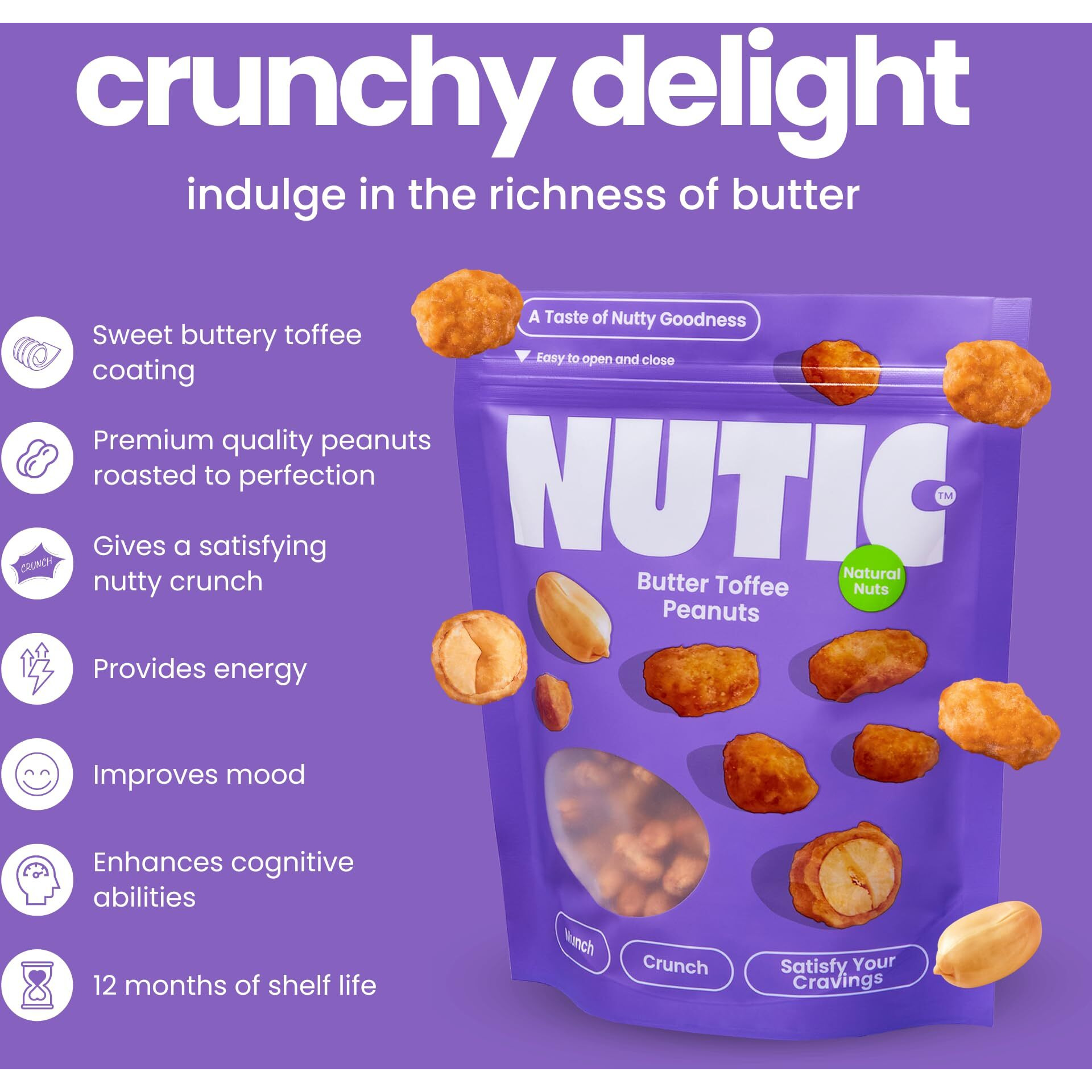Nutic's Gourmet Butter Toffee Peanuts - 2 Lbs Of Crunchy, Candied Peanuts For Snacking - Sweet & Toasted Peanuts With A Butter Flavor - Ideal For Health-Conscious Snackers & Holiday Gift Giving