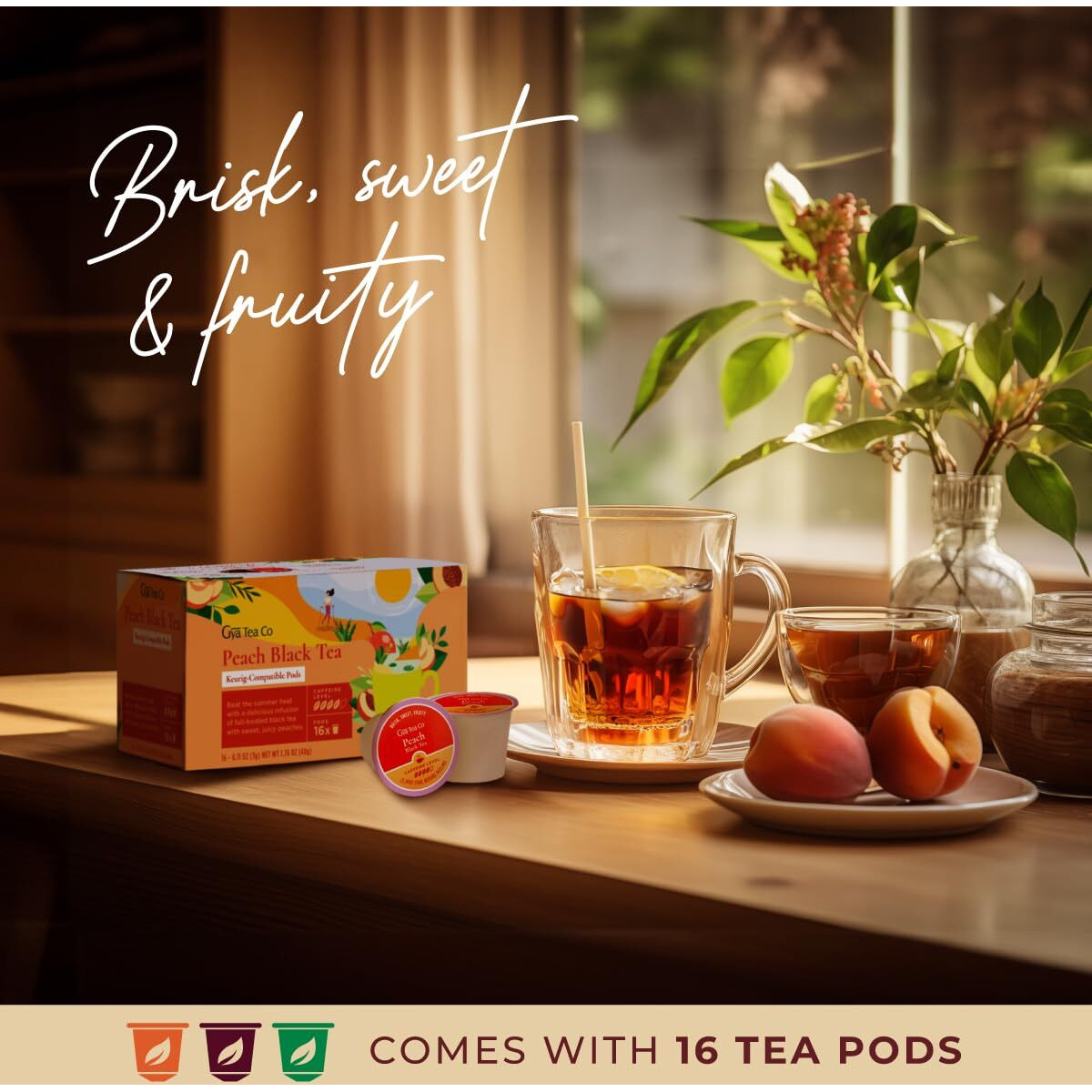 Gya Tea Co Peach Black Tea K Cups For Keurig - Highly Caffeinated Smooth Tea K Cups - Kickstart The Day With Tea Pods For Keurig - Finest Peach Tea K Cup Tea Pods For Keurig 2.0-16 Count Tea Gifts